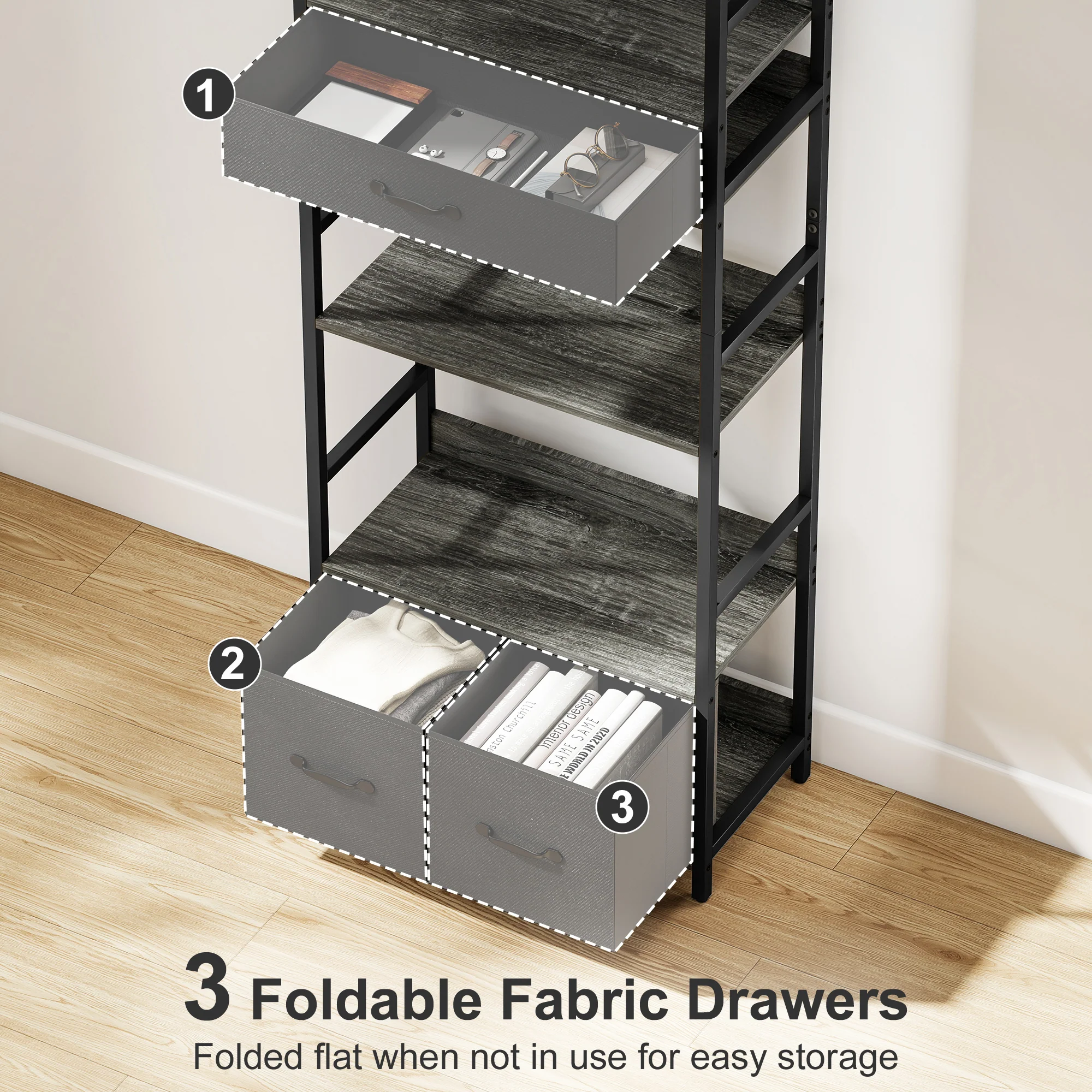 HOMCOM Industrial Bookshelf with 4 Shelves and 3 Fabric Drawers Grey - Image 4