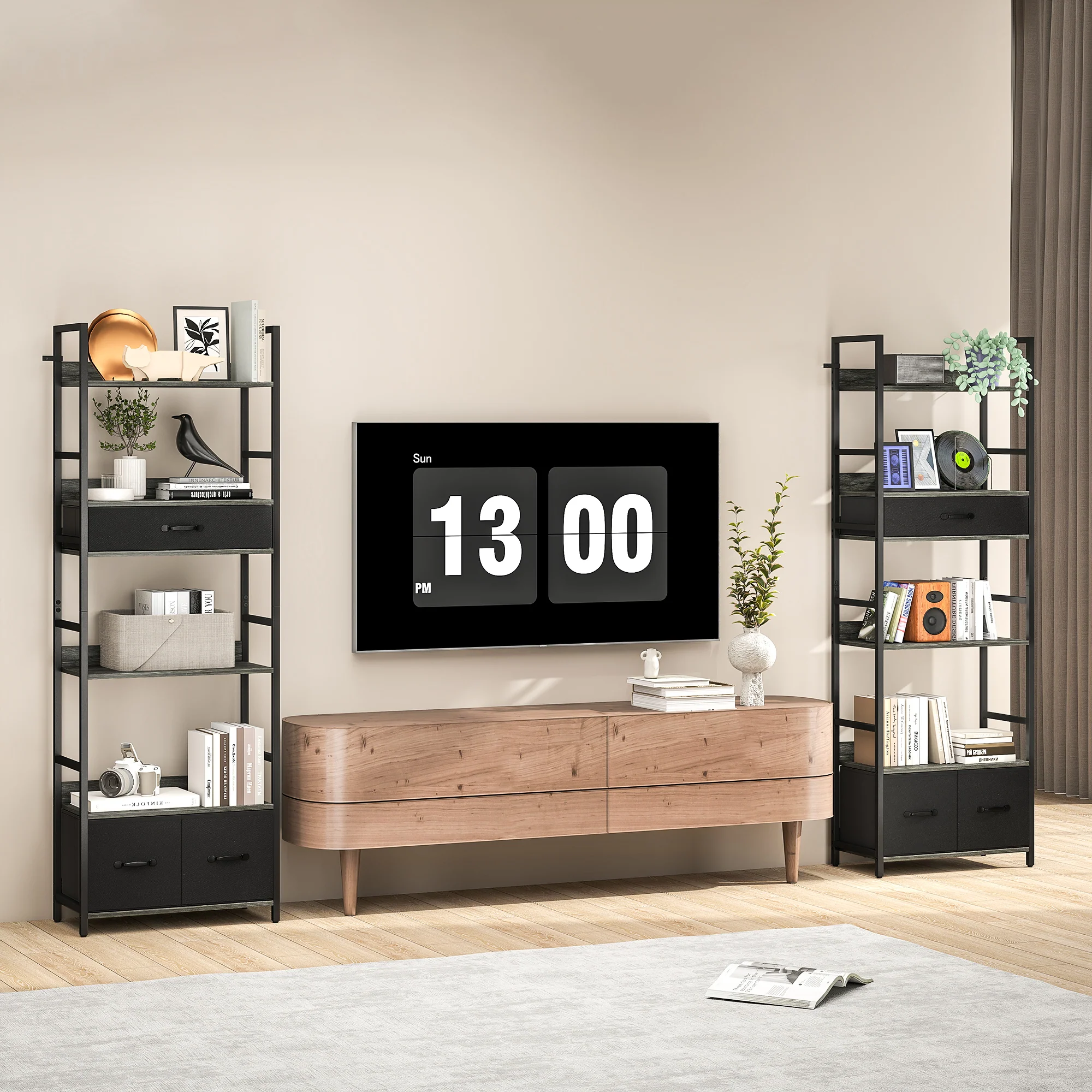HOMCOM Industrial Bookshelf with 4 Shelves and 3 Fabric Drawers Grey - Image 8