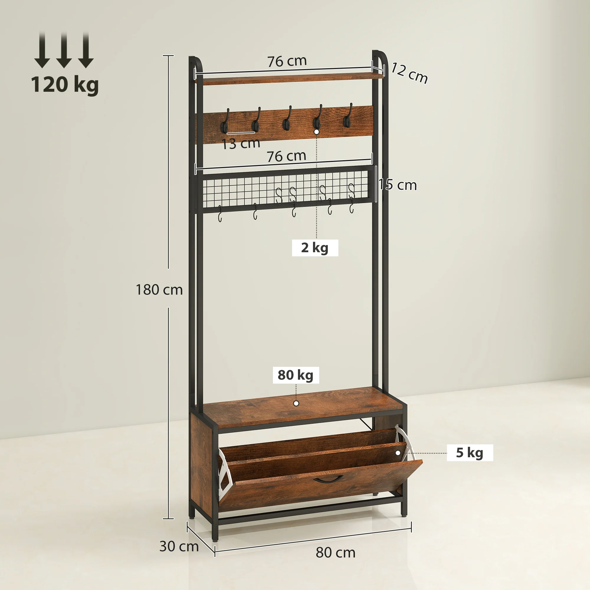 HOMCOM Industrial Hall Tree Coat Rack Stand With Shoe Cabinet - Image 14