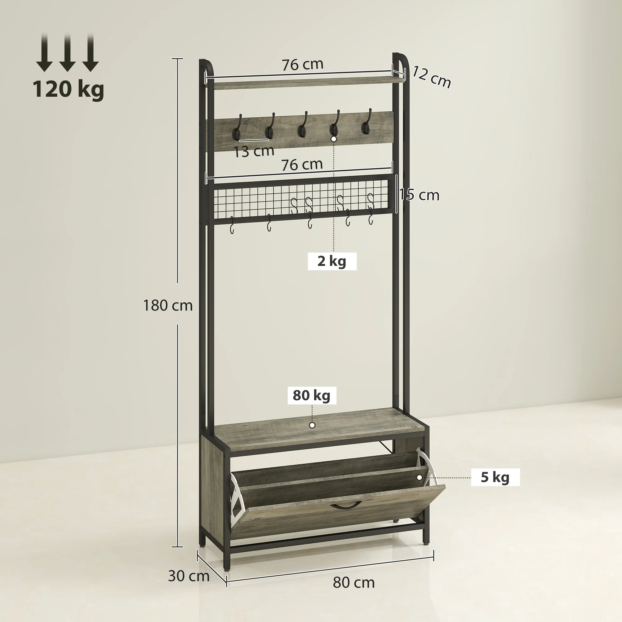 HOMCOM Industrial Hall Tree Coat Rack Stand With Shoe Cabinet - Image 5