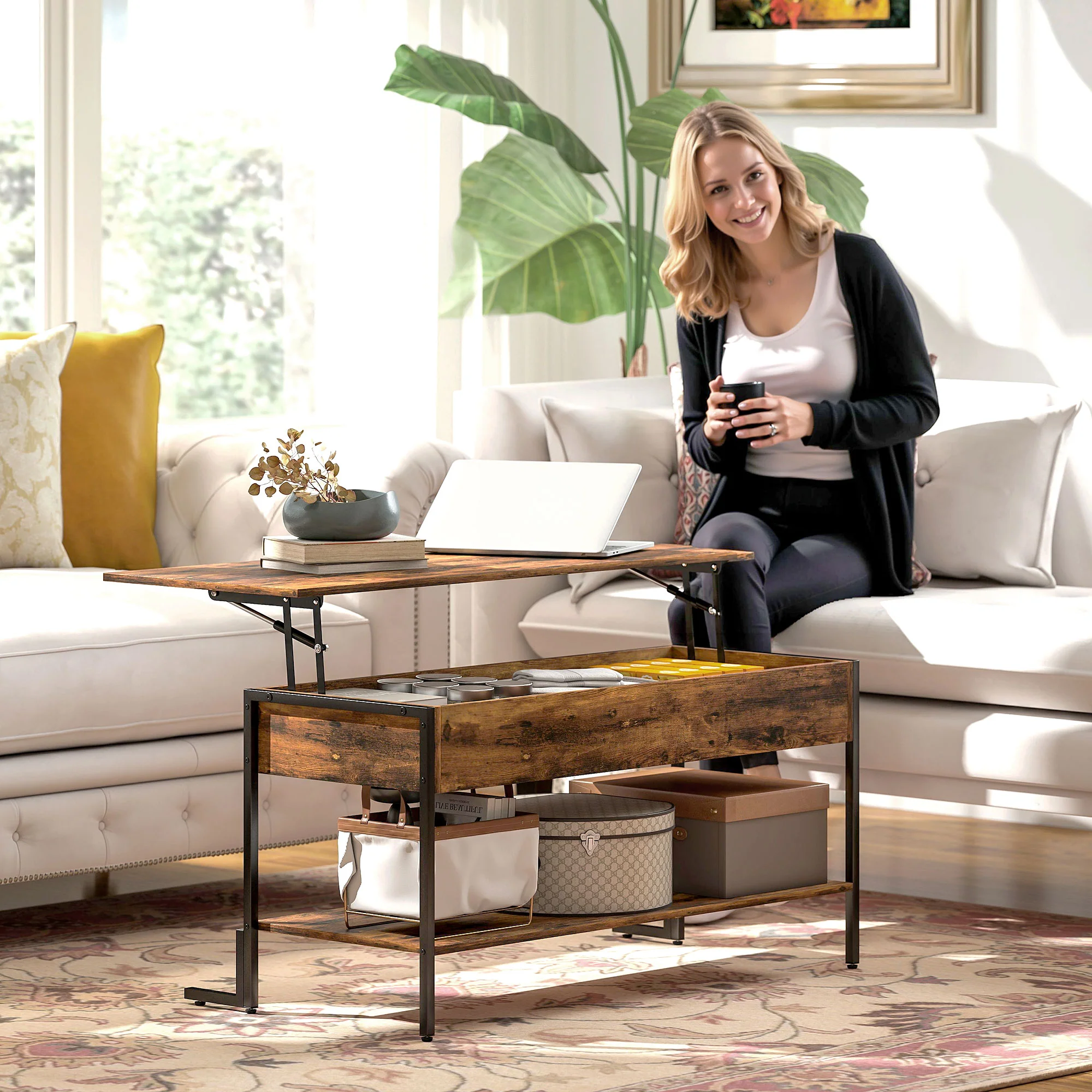 HOMCOM Industrial Lift Top Coffee Table With Storage Shelf Rustic Brown - Image 9