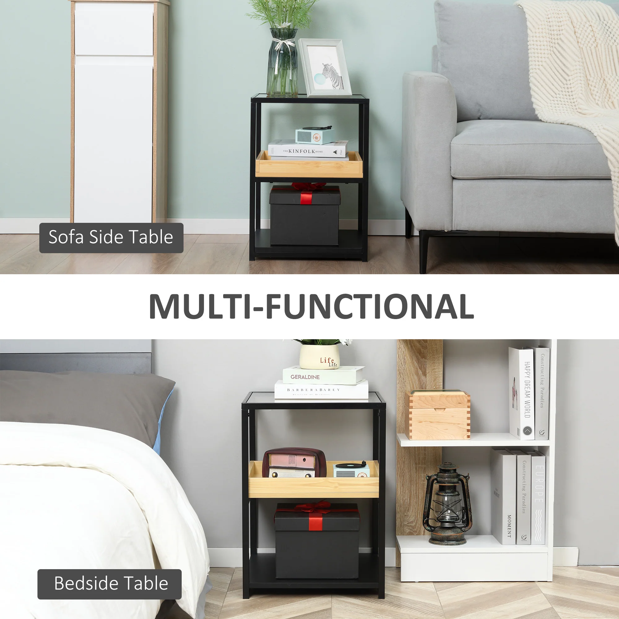HOMCOM Industrial Side Table with 3-tier Storage Shelves for Living Room - Image 6
