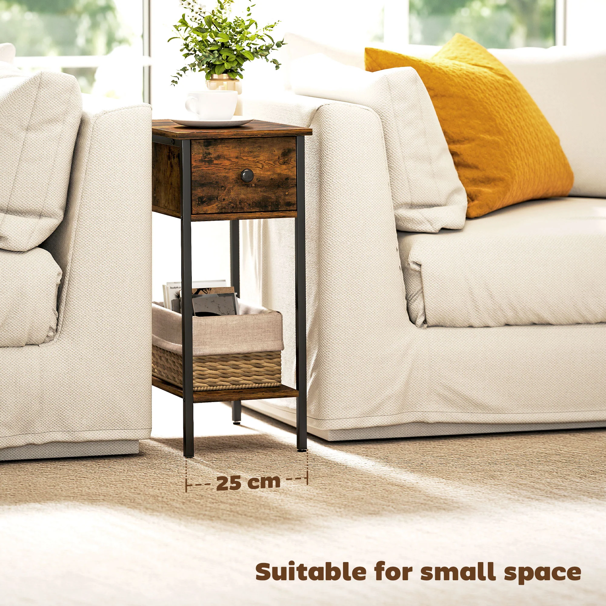 HOMCOM Industrial Slim End Table Nightstand For Small Spaces Rustic Brown - Image 4