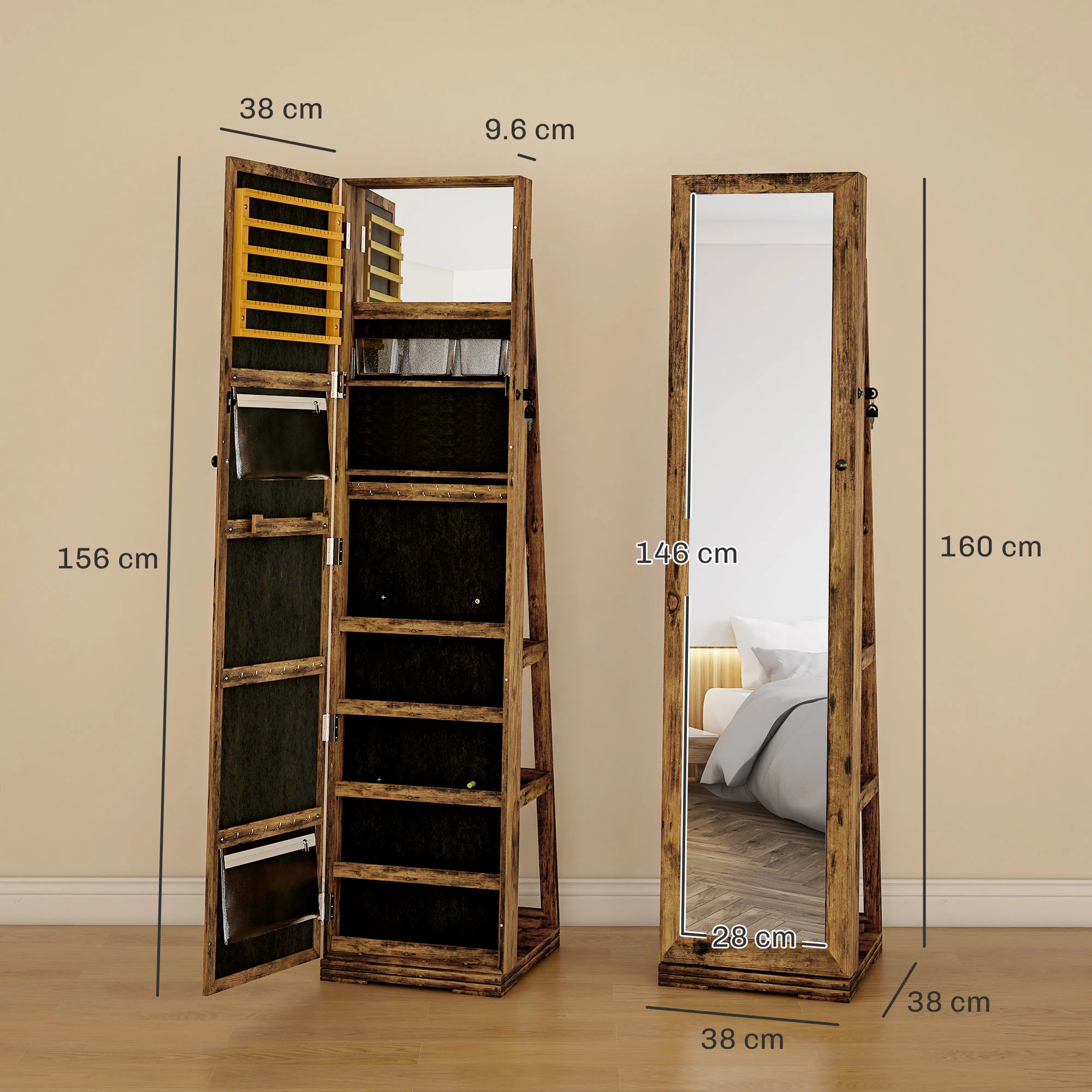 HOMCOM Jewelry Cabinet Full Length Mirror Swivel Lockable Jewelry Organiser - Image 5