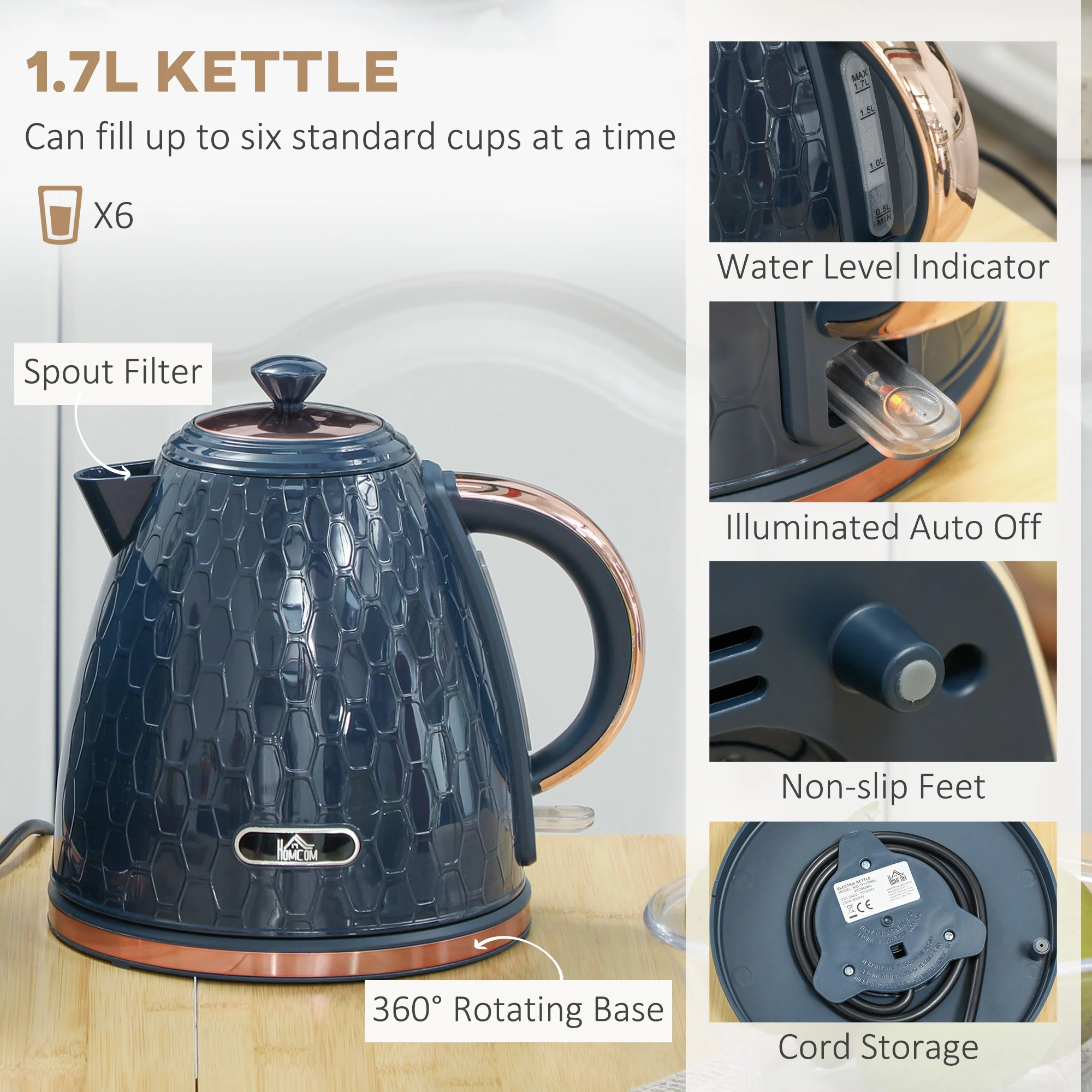 HOMCOM Kettle and Toaster Set 1.7L Fast Boil Kettle & 2 Slice Toaster Set - Image 12