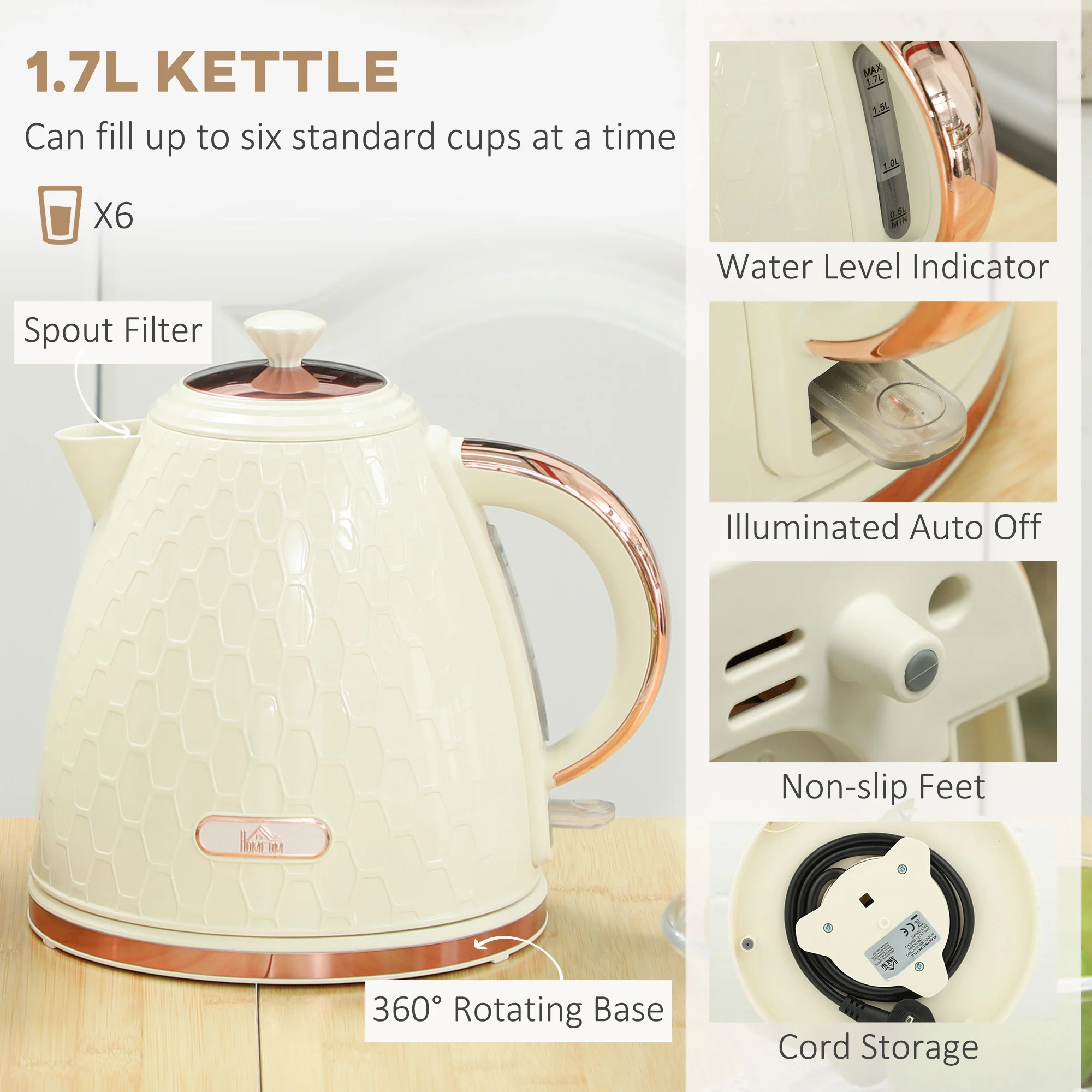 HOMCOM Kettle and Toaster Set 1.7L Fast Boil Kettle & 2 Slice Toaster Set - Image 3