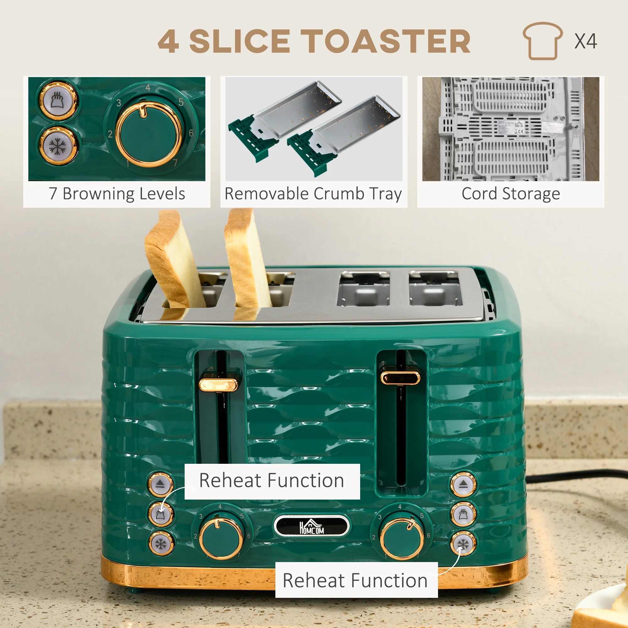 HOMCOM Kettle and Toaster Set 1.7L Rapid Boil Kettle & 4 Slice Toaster Green - Image 4