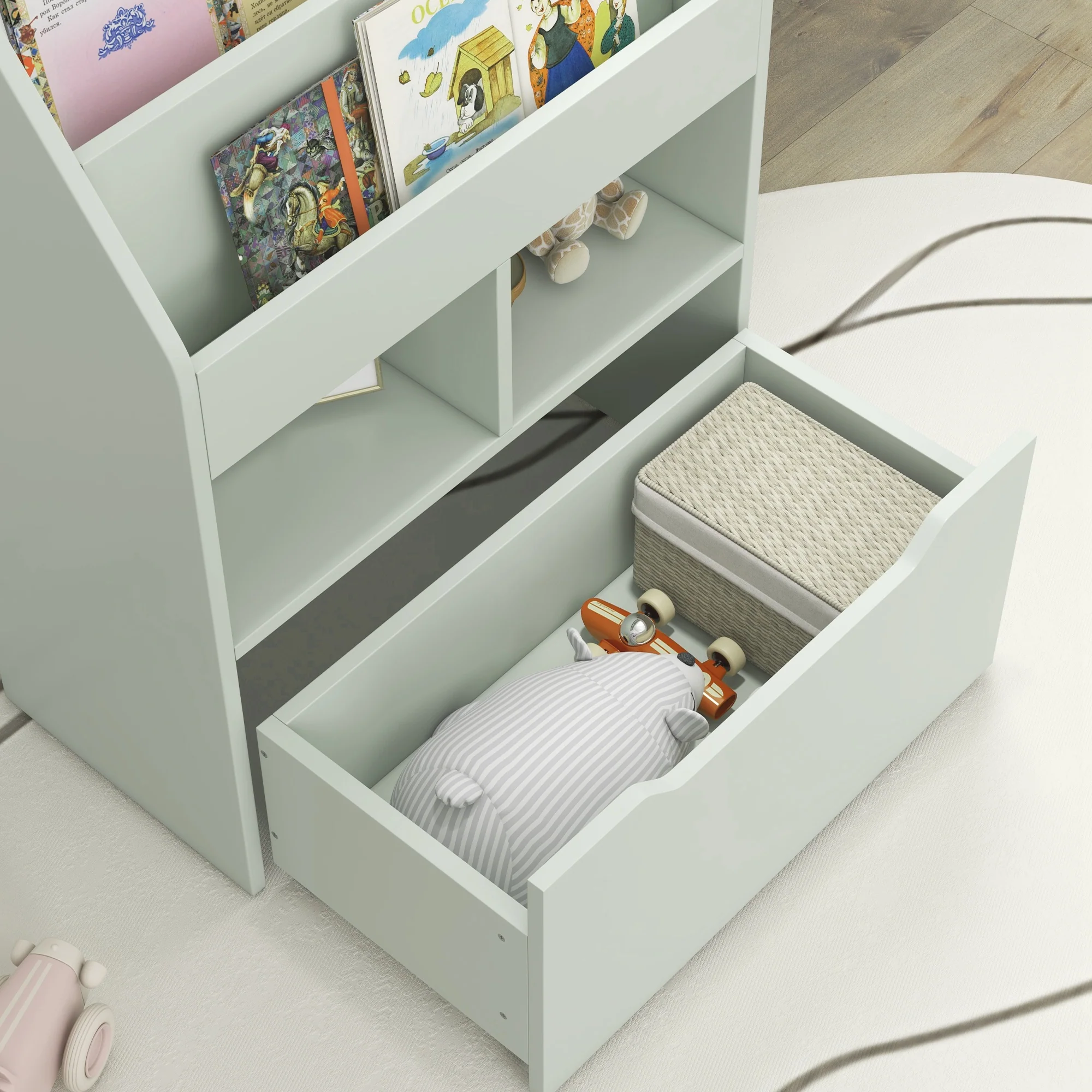 HOMCOM Kids Bookcase, Toy Box w/ Storage Drawer, Wheels for Bedroom - Green - Image 8