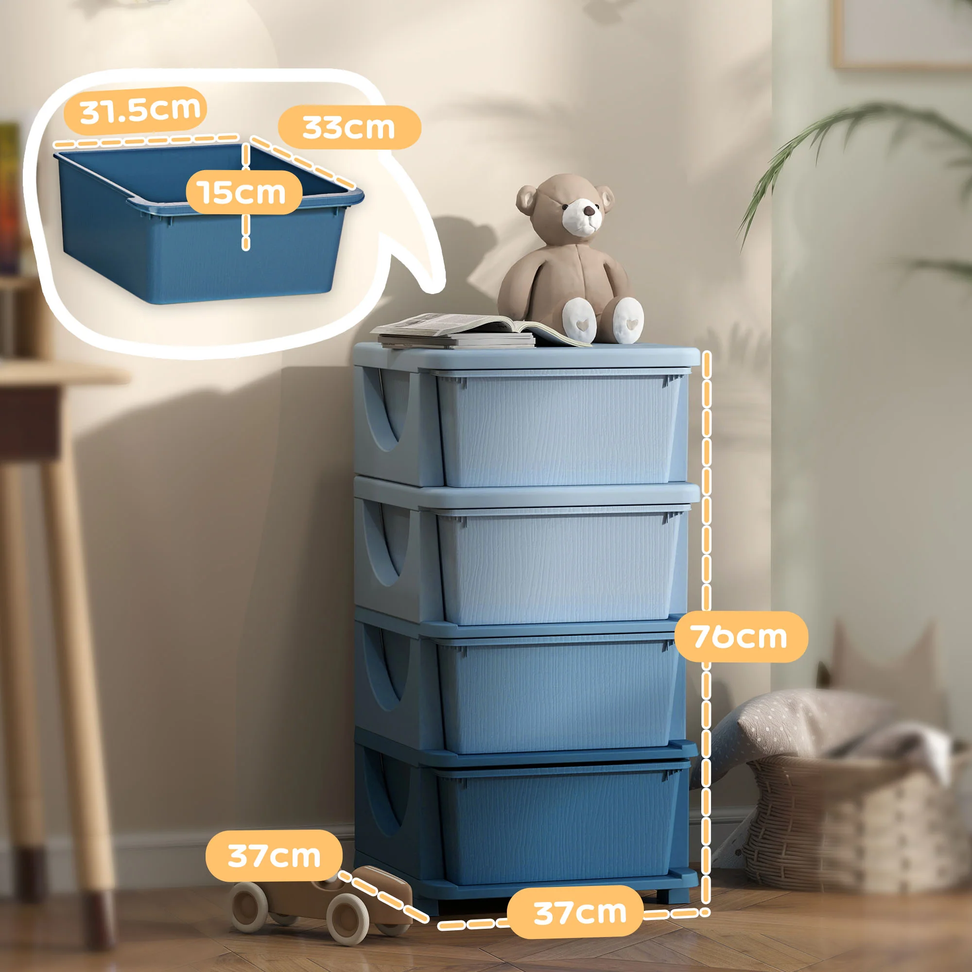 HOMCOM Kids Storage Units With Drawers 4 Tier Chest Dresser Tower - Image 5