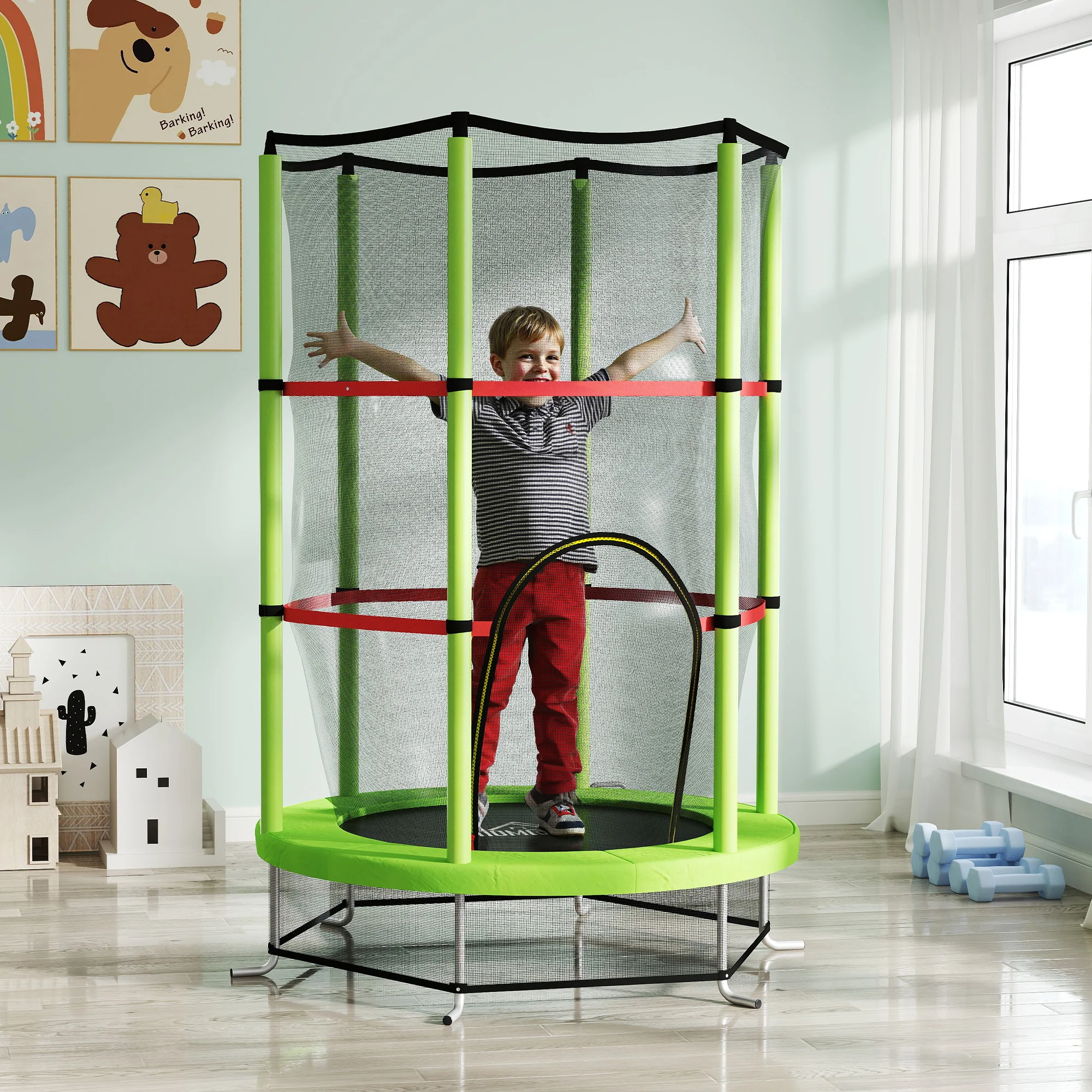 HOMCOM Kids Trampoline Mini Bouncer w/ Enclosure Net for 3-6 Years Green - Image 2