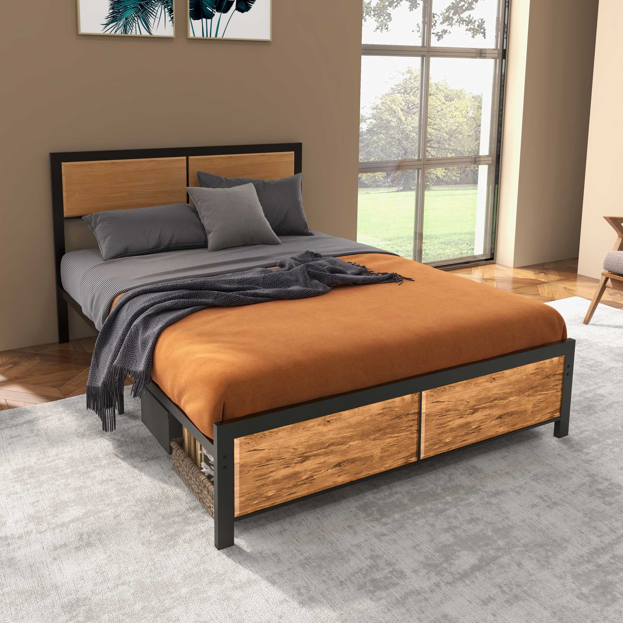 HOMCOM King Size Bed Frame Steel Bed Base with Headboard 160 x 207cm Brown - Image 2