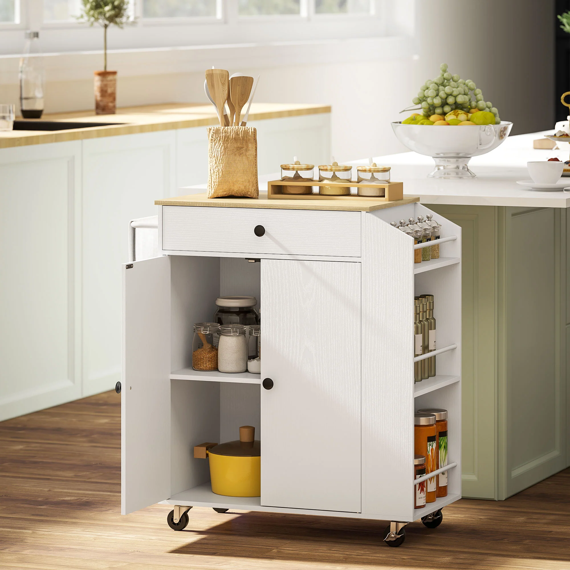 HOMCOM Kitchen Island With 3-Tier Spice Rack, Kitchen Cart With Towel Rack - Image 2