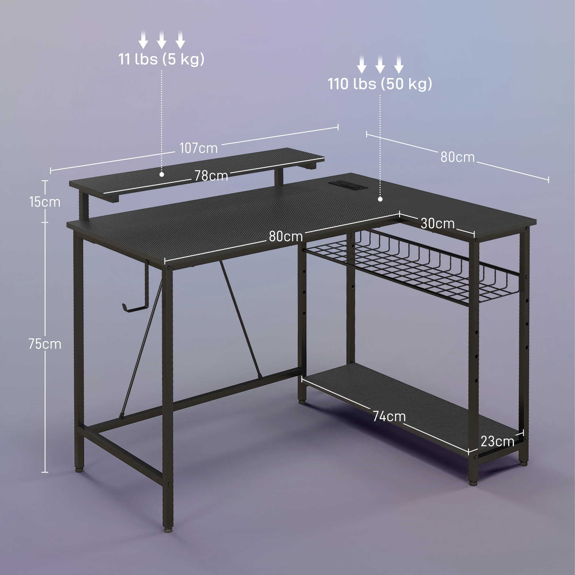 HOMCOM L Shaped Desk With LED Lights Reversible Corner Gaming Desk With Storage - Image 5