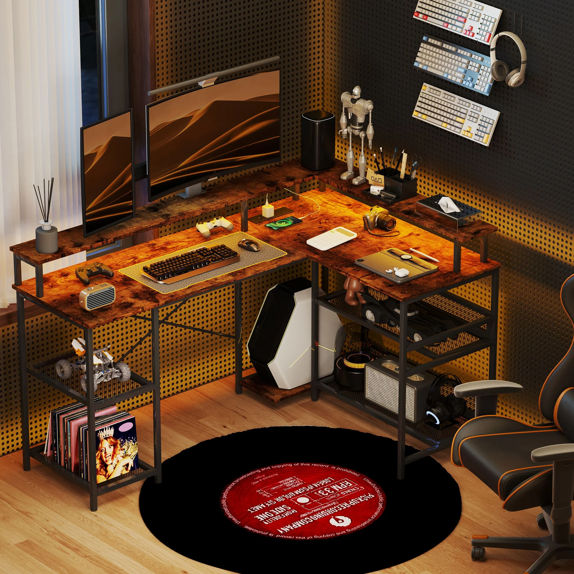 HOMCOM L Shaped Gaming Desk w/ LED Lights and Power Outlets for Small Space - Image 2