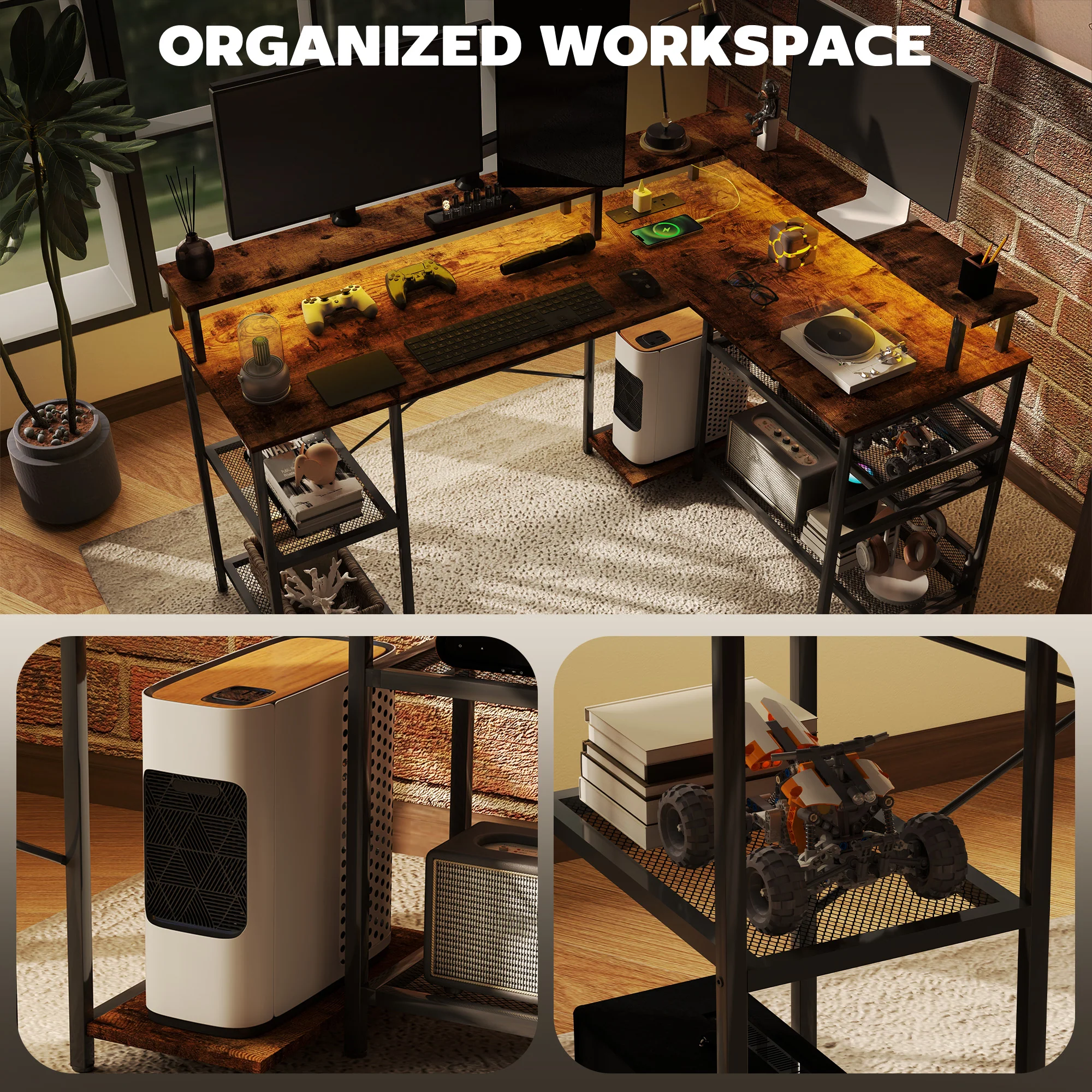 HOMCOM L Shaped Gaming Desk w/ LED Lights and Power Outlets for Small Space - Image 7