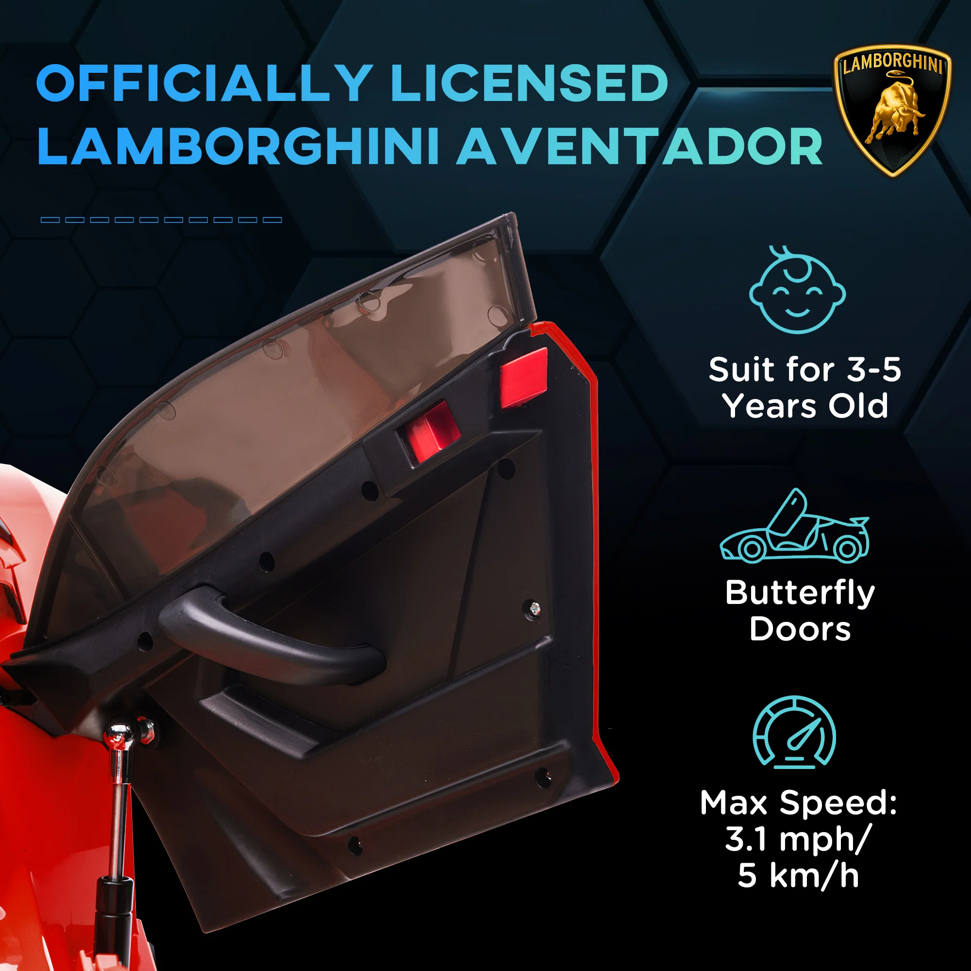 HOMCOM Lamborghini Aventador Licensed 12V Kids Electric Ride On Car - Red - Image 3
