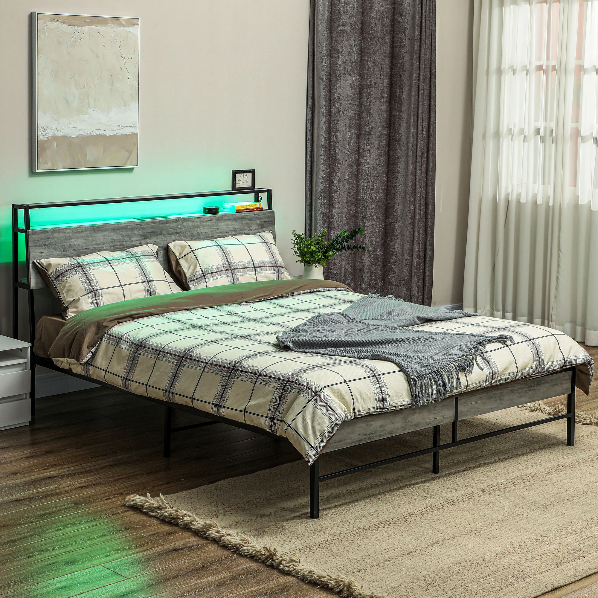 HOMCOM LED Cement Grey Bed Frame with Charging Station - Image 11