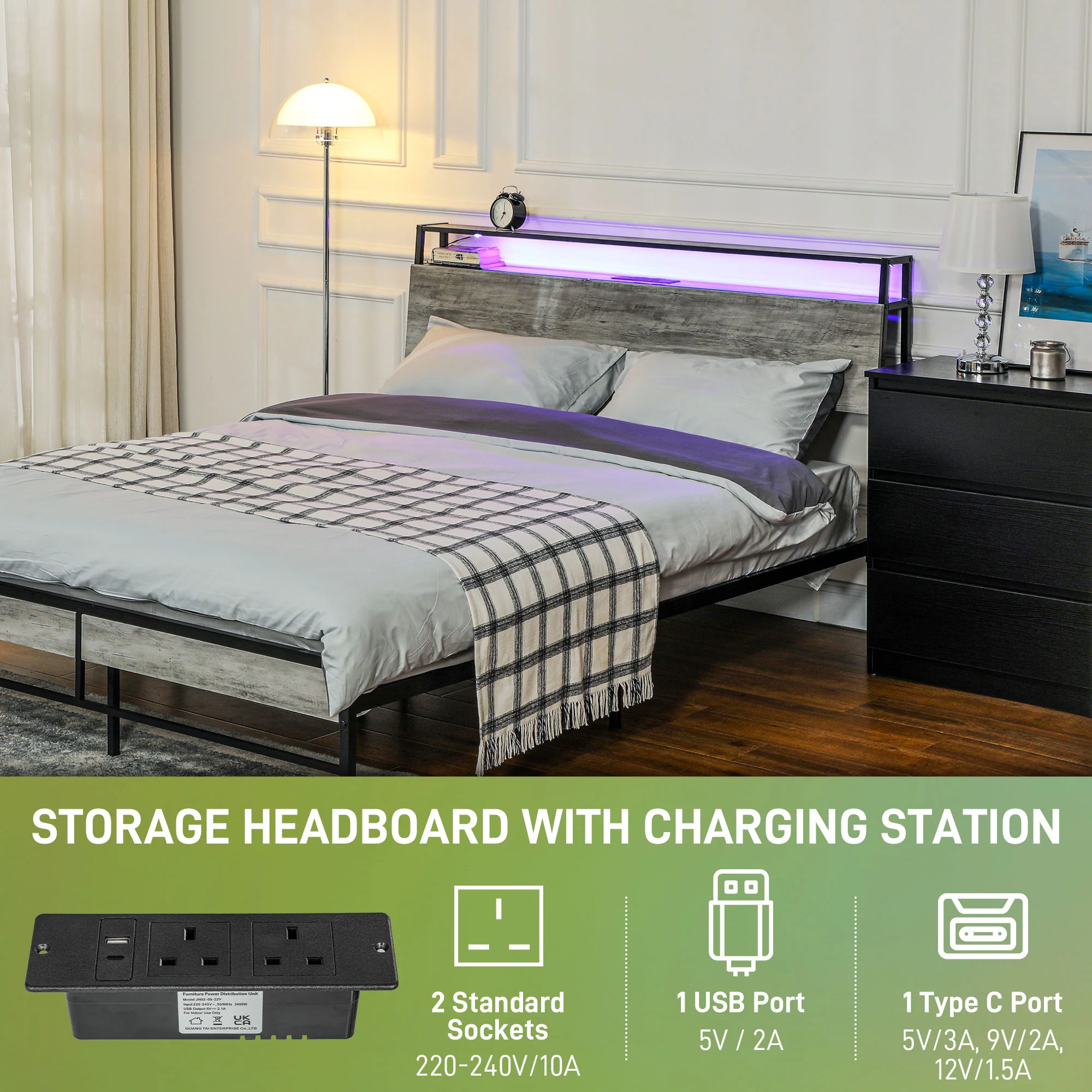 HOMCOM LED Cement Grey Bed Frame with Charging Station - Image 13