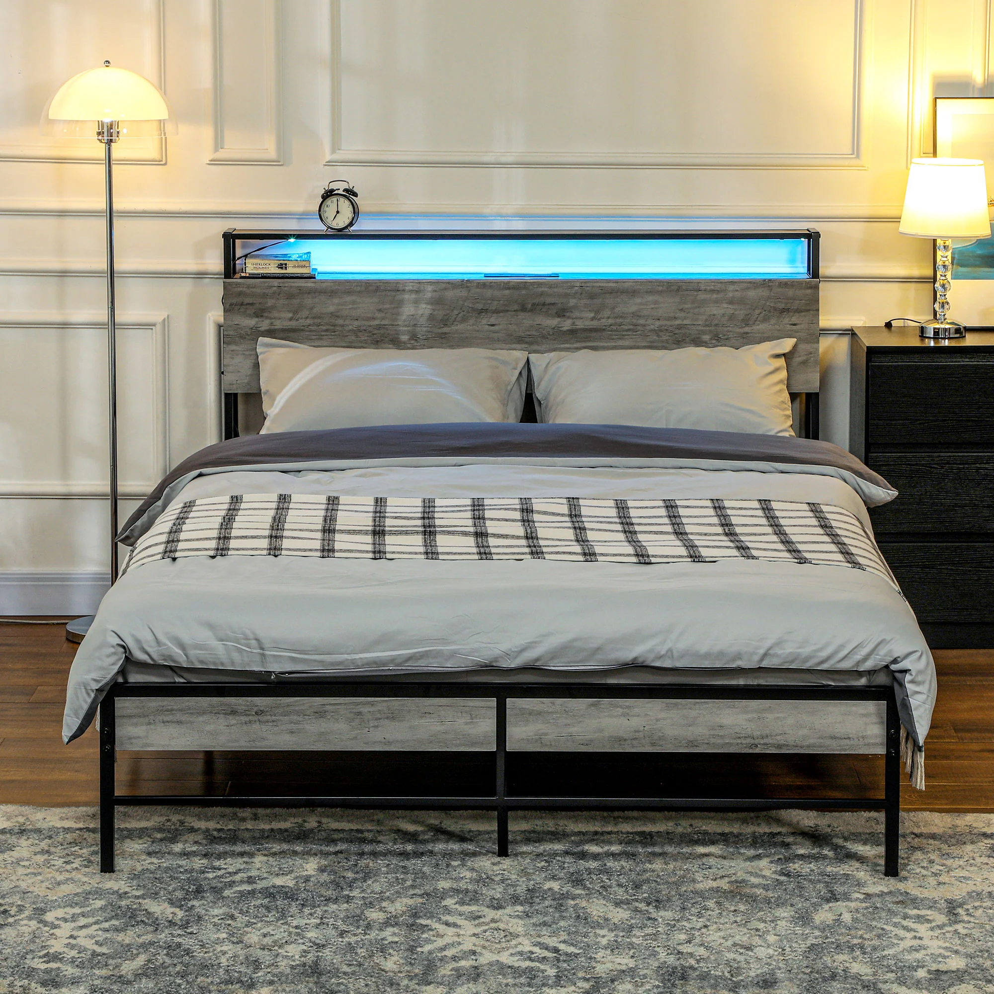 HOMCOM LED Cement Grey Bed Frame with Charging Station - Image 17