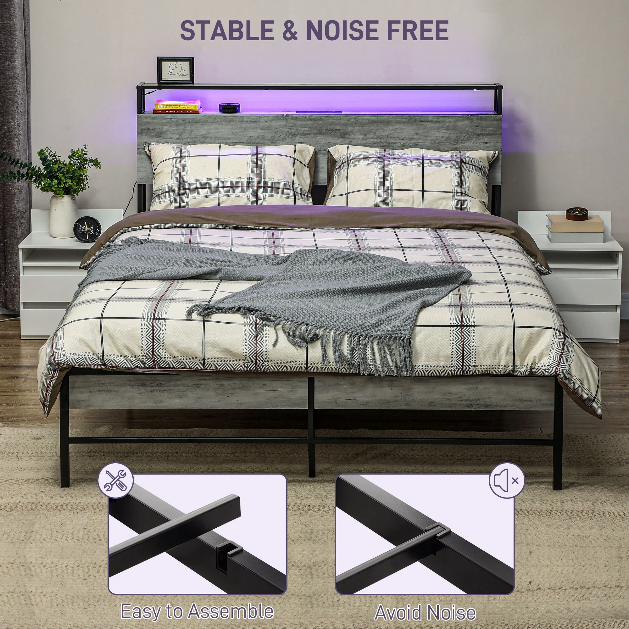 HOMCOM LED Cement Grey Bed Frame with Charging Station - Image 24