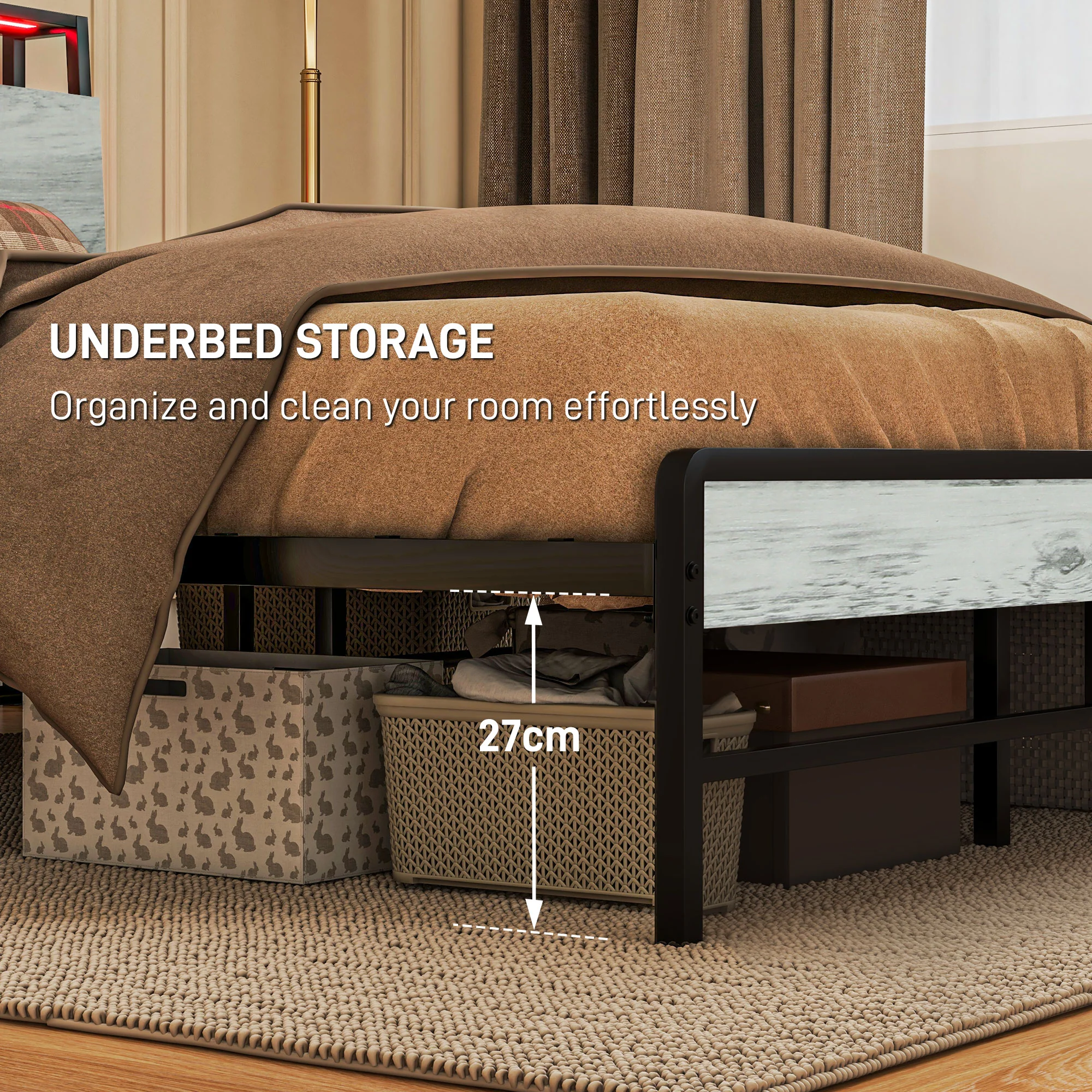 HOMCOM LED Cement Grey Bed Frame with Charging Station - Image 25