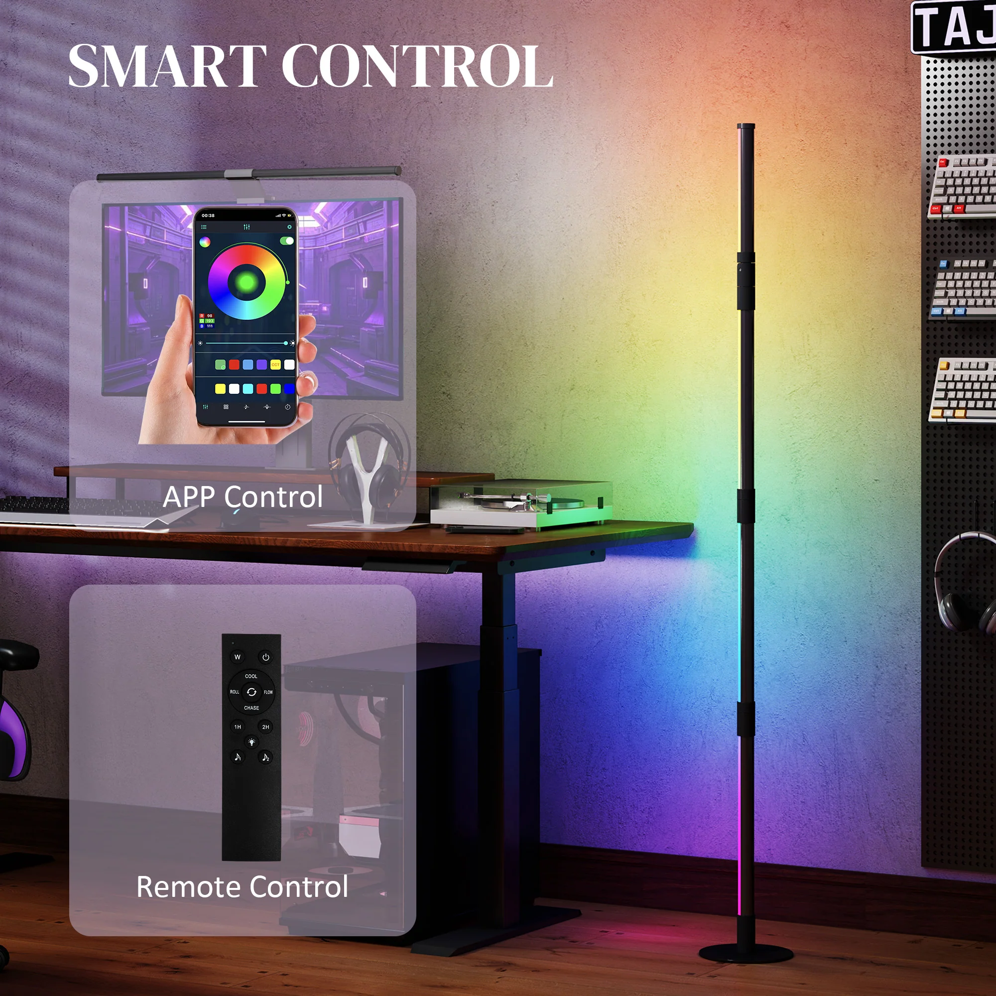 HOMCOM LED Floor Lamp, Corner Floor Lamp With App & Remote Control Dark Grey - Image 4