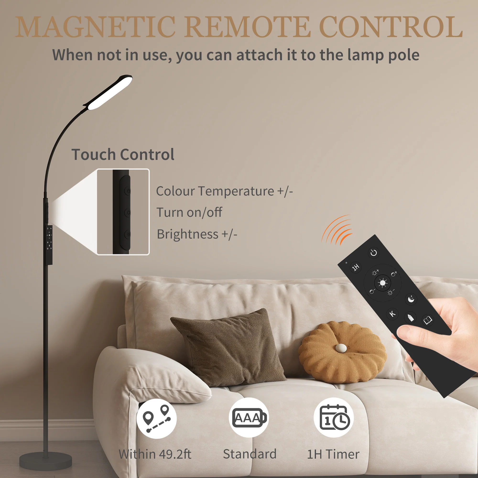 HOMCOM LED Floor Lamp for Living Room with Magnetic Remote Control, Black - Image 7