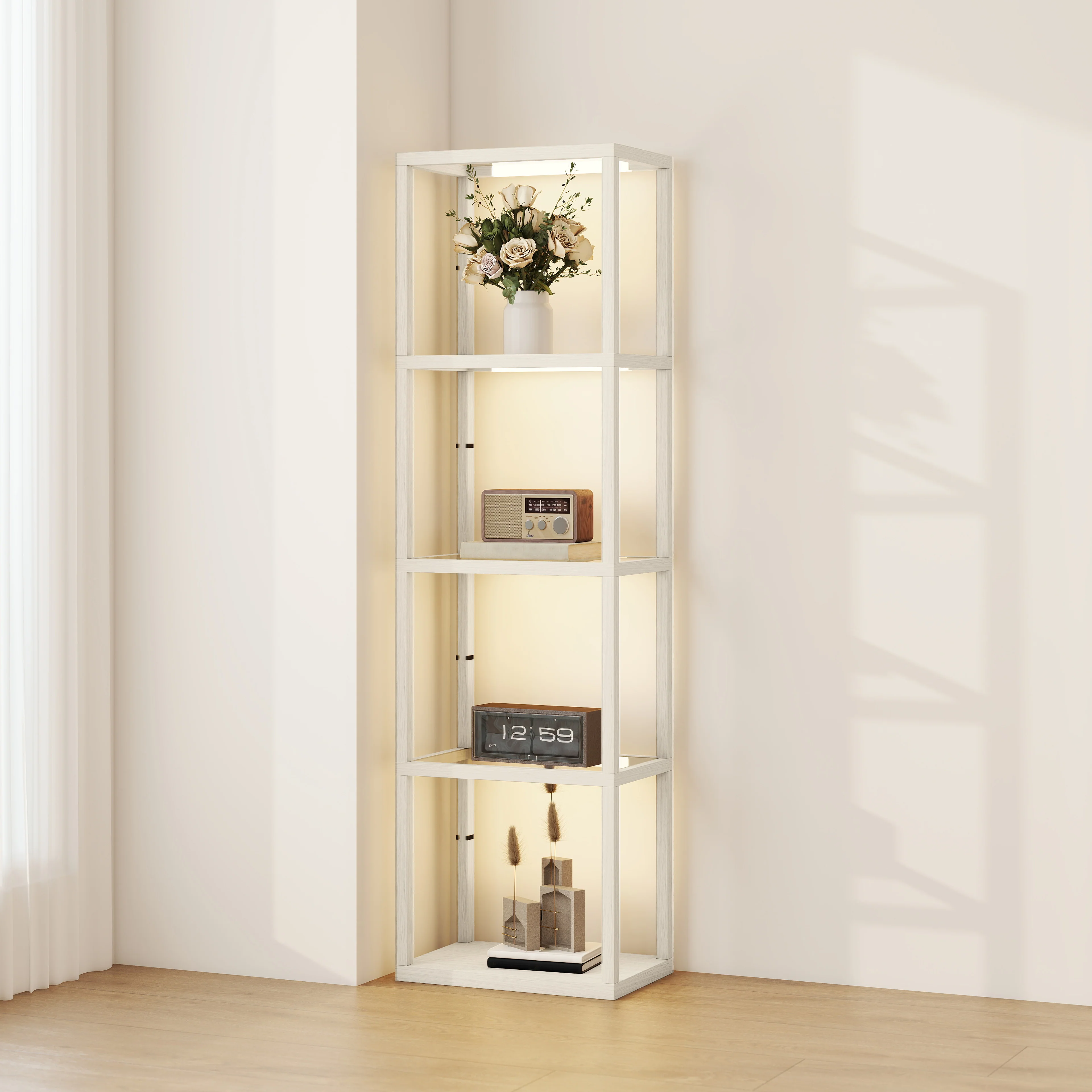 HOMCOM LED Floor Lamp With Glass Shelves, Dimmable Room Lamp