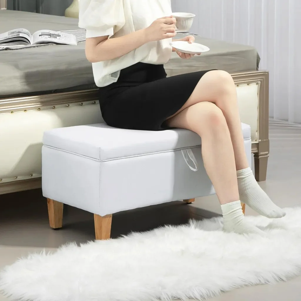 HOMCOM Linen Storage Ottoman Storage Box Footstool With Rubberwood Legs Cream - Image 7