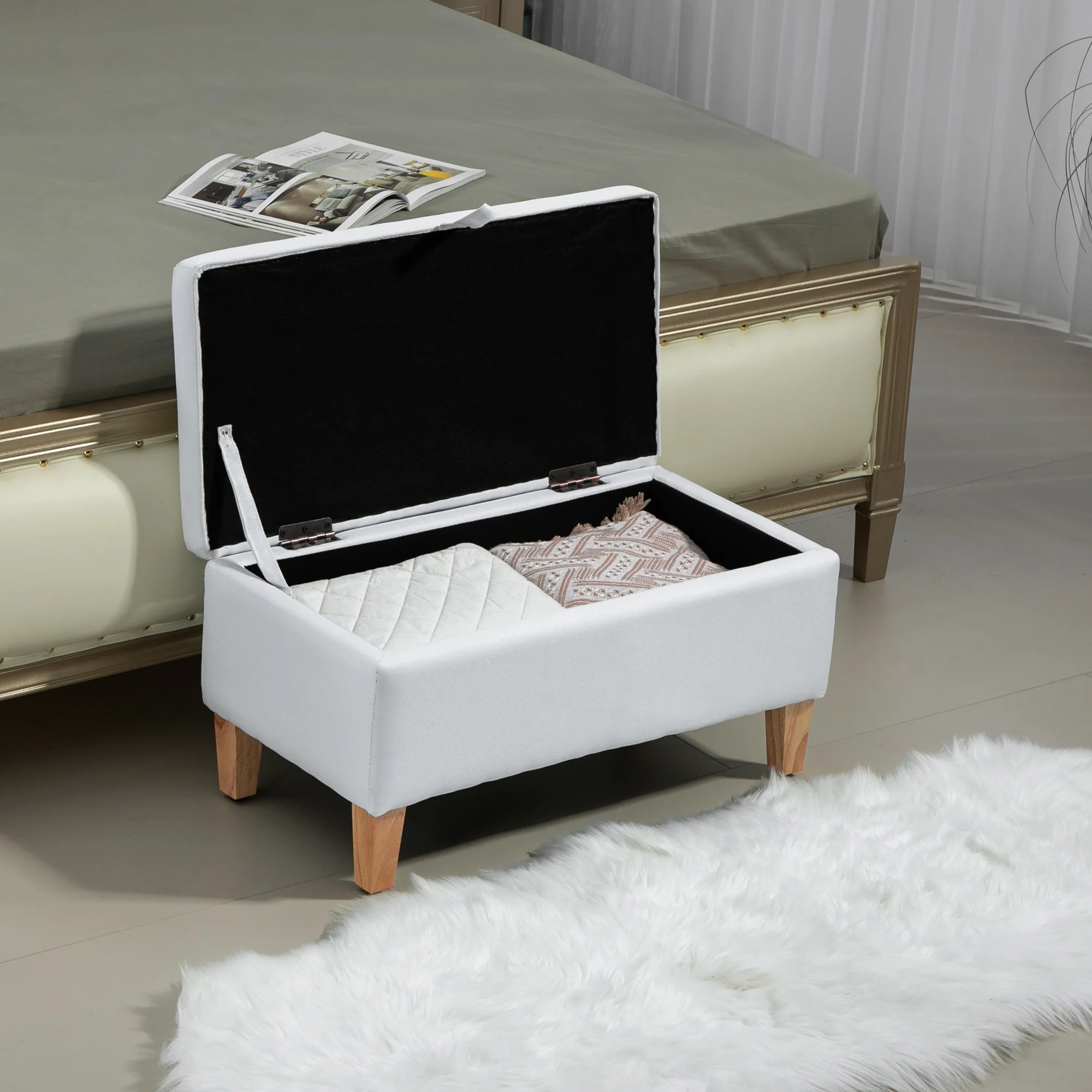 HOMCOM Linen Storage Ottoman Storage Box Footstool With Rubberwood Legs Cream - Image 9