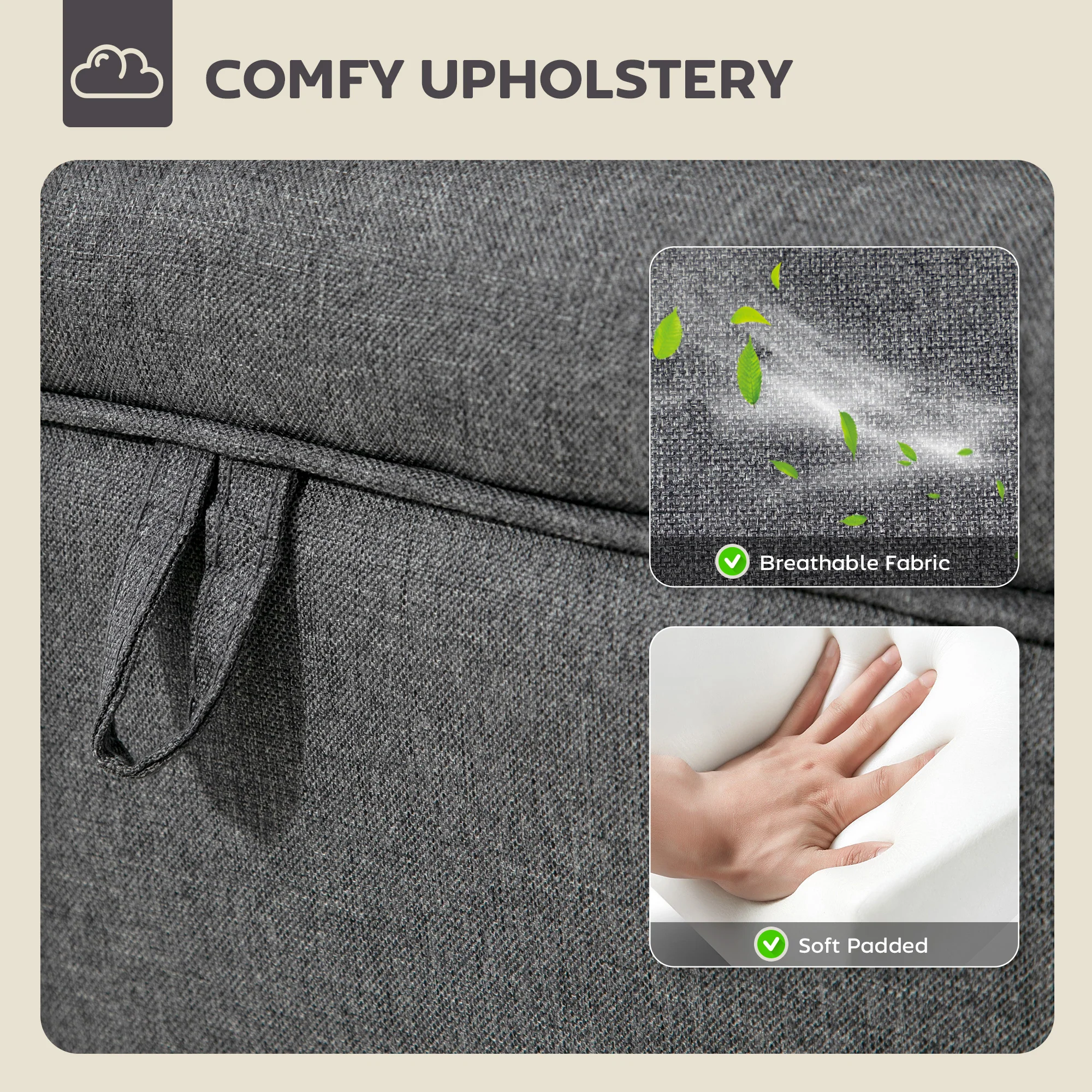 HOMCOM Linen Storage Ottoman Storage Box with Rubberwood Legs, Charcoal Grey - Image 4