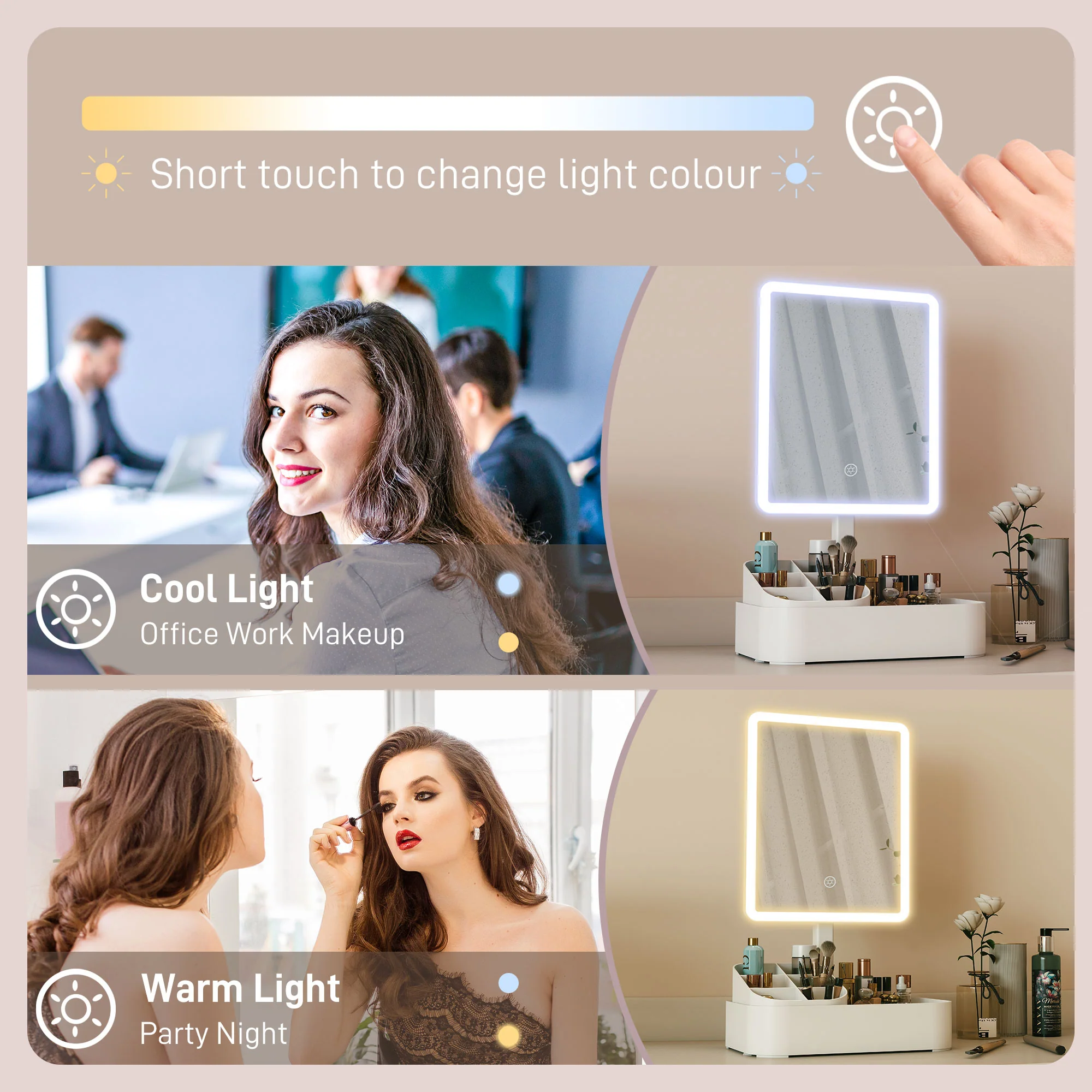 HOMCOM Makeup Mirror, Light Up Mirror With Touch Screen, 2 Lighting Modes - Image 3