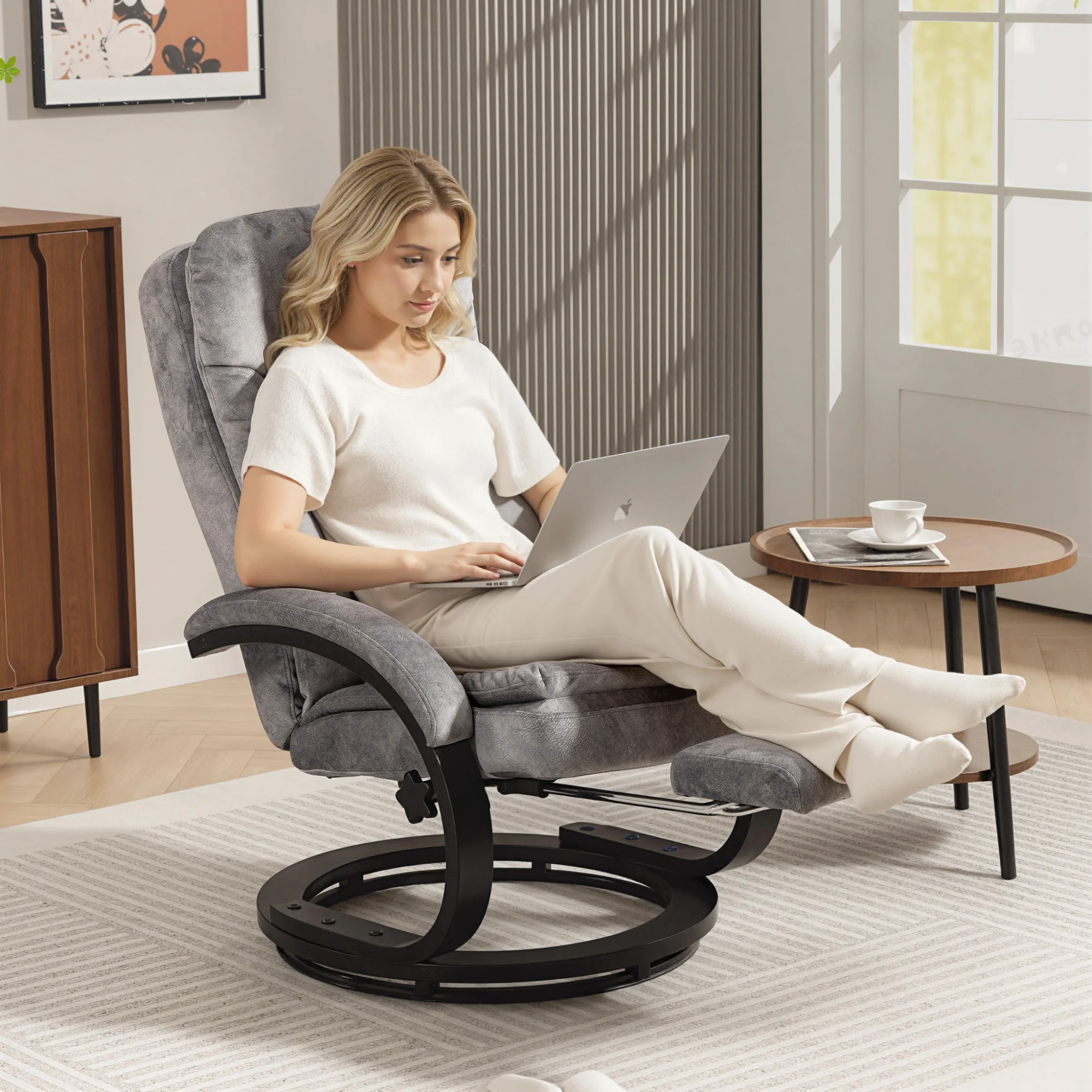 HOMCOM Manual Recliner Armchair With Footrest, Wooden Base, Grey - Image 7