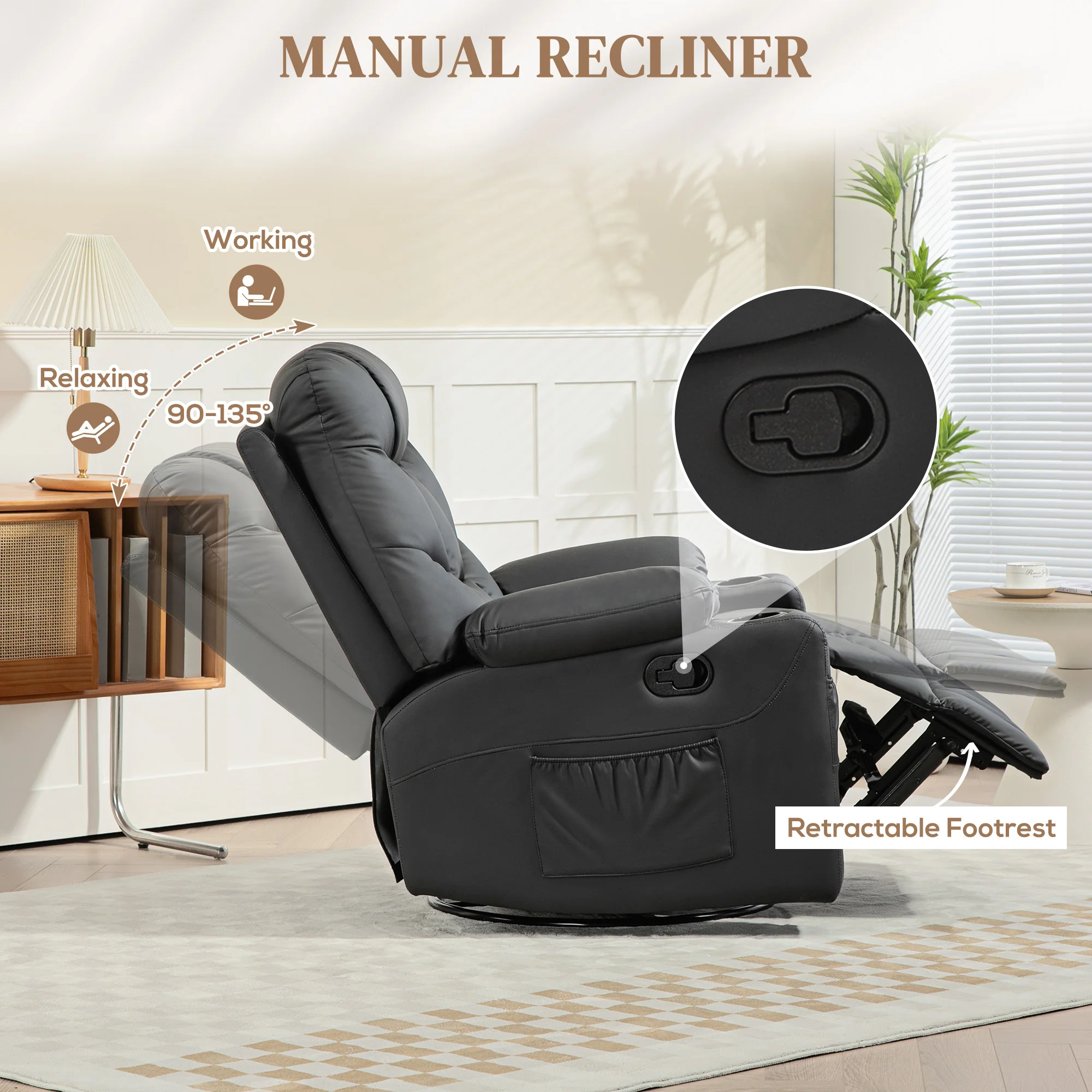 HOMCOM Manual Recliner Chair With Footrest, Cup Holder, Swivel Base, Cream White And Black - Image 12