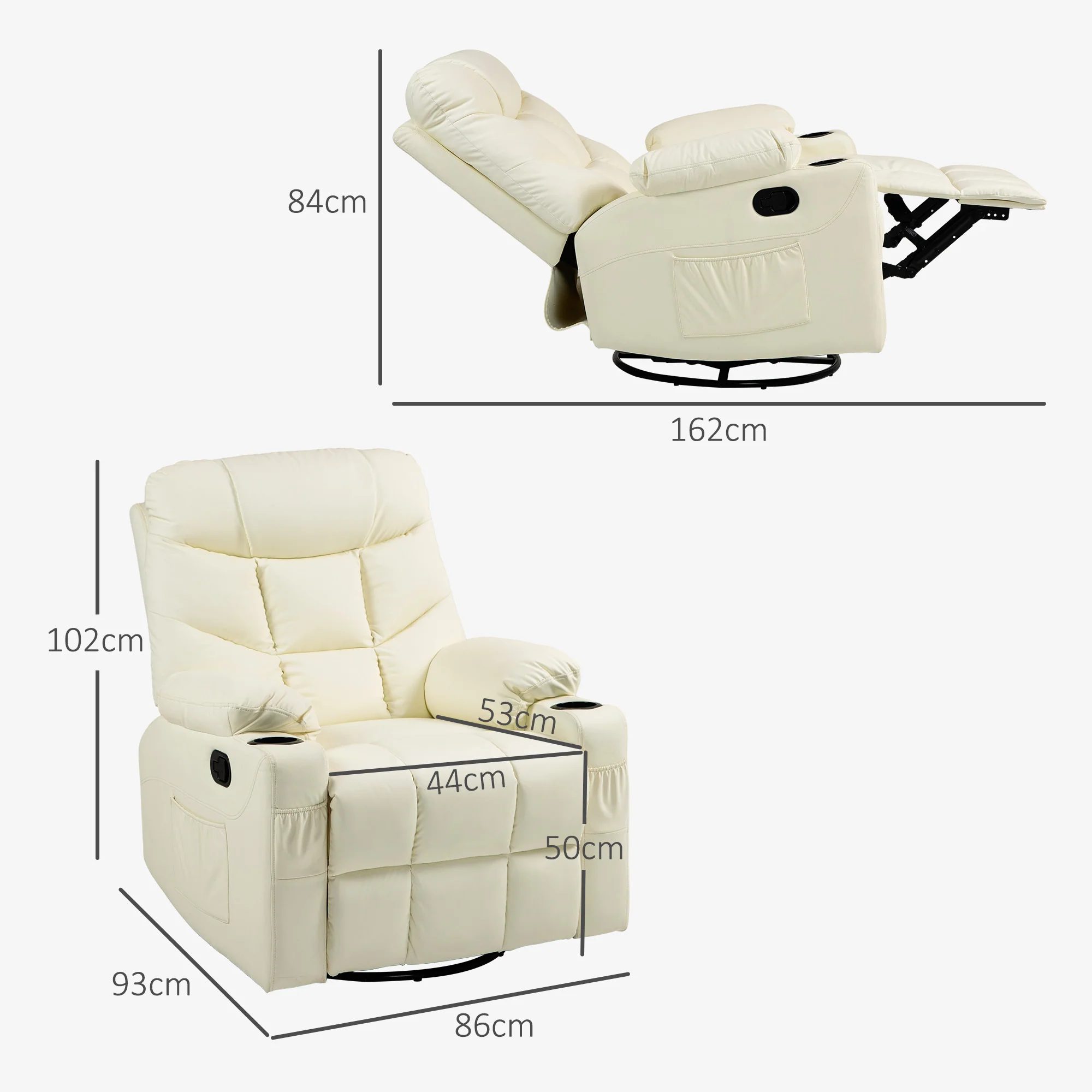 HOMCOM Manual Recliner Chair With Footrest, Cup Holder, Swivel Base, Cream White And Black - Image 5