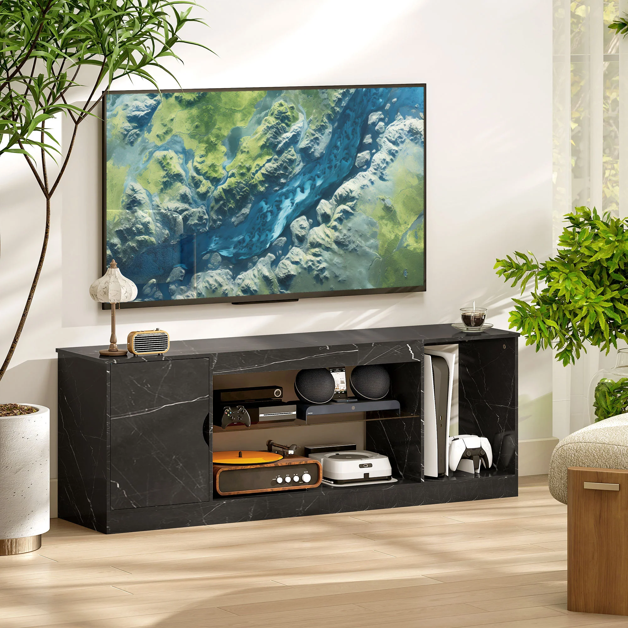 HOMCOM Marble Effect TV Stand Cabinet With Glass Shelf For 55 Inch TVs - Image 6