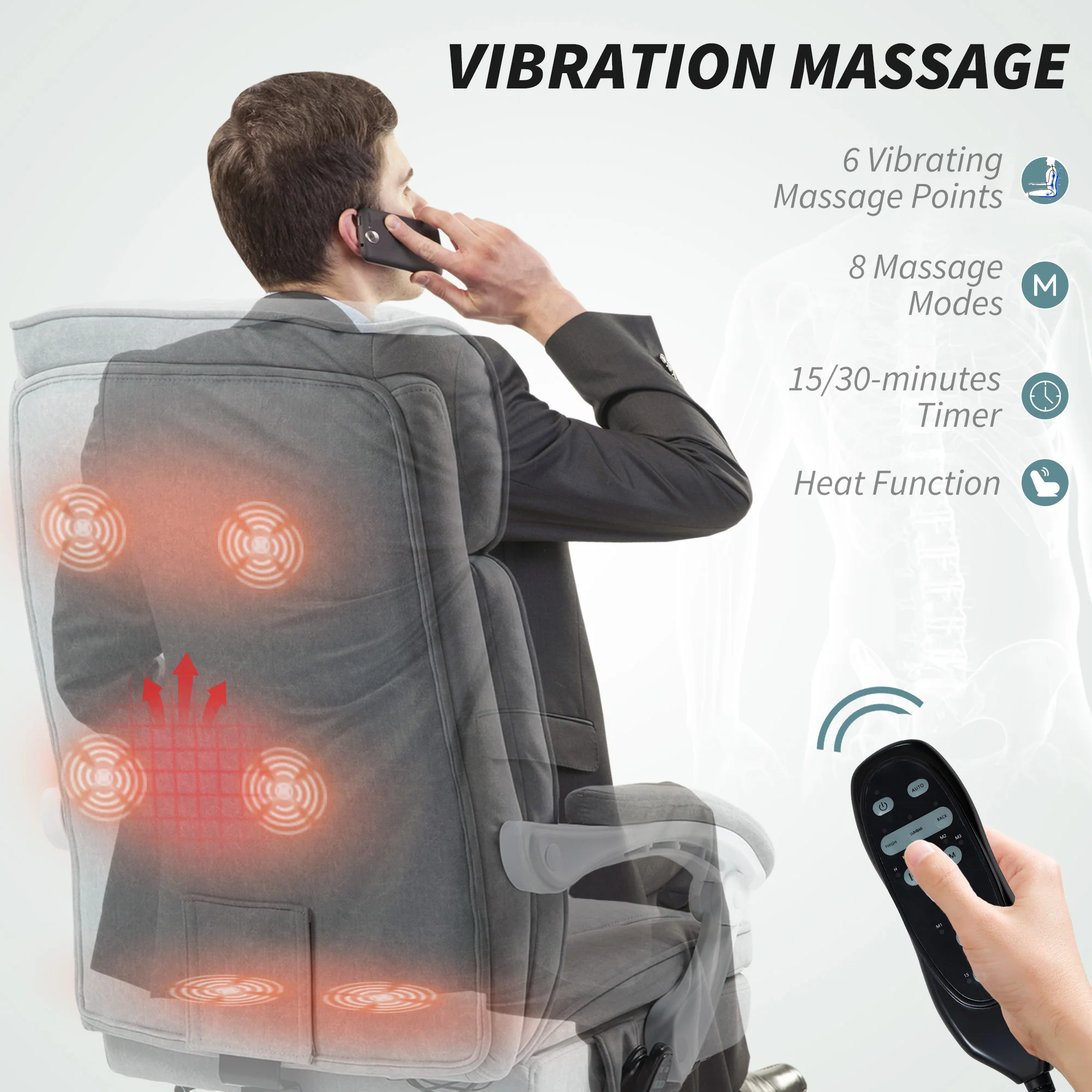 HOMCOM Massage Office Chair, Heated Reclining Desk Chair, Grey - Image 3