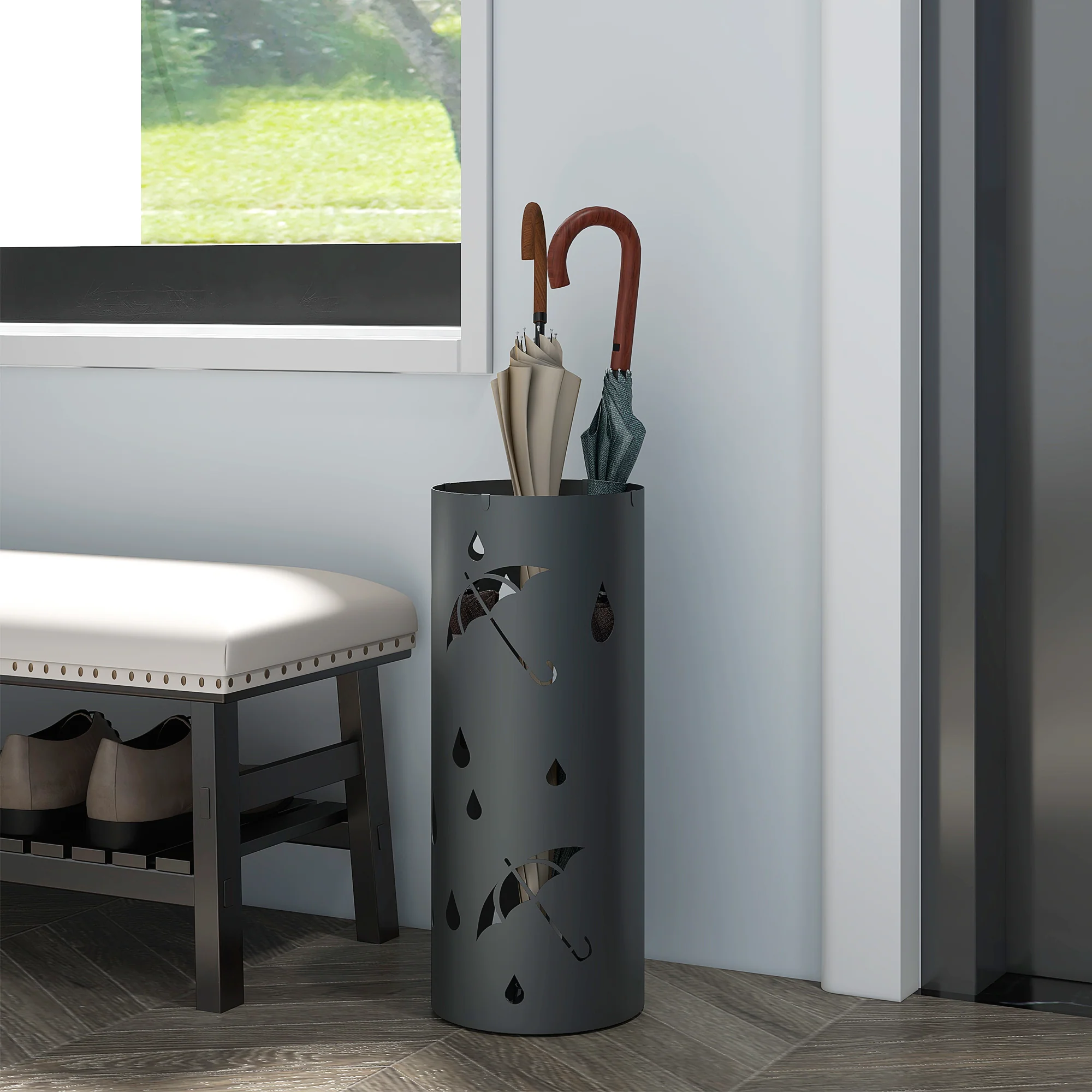 HOMCOM Metal Umbrella Stand, Hollowed Umbrella Basket With 4 Hooks And Drip Tray - Image 2