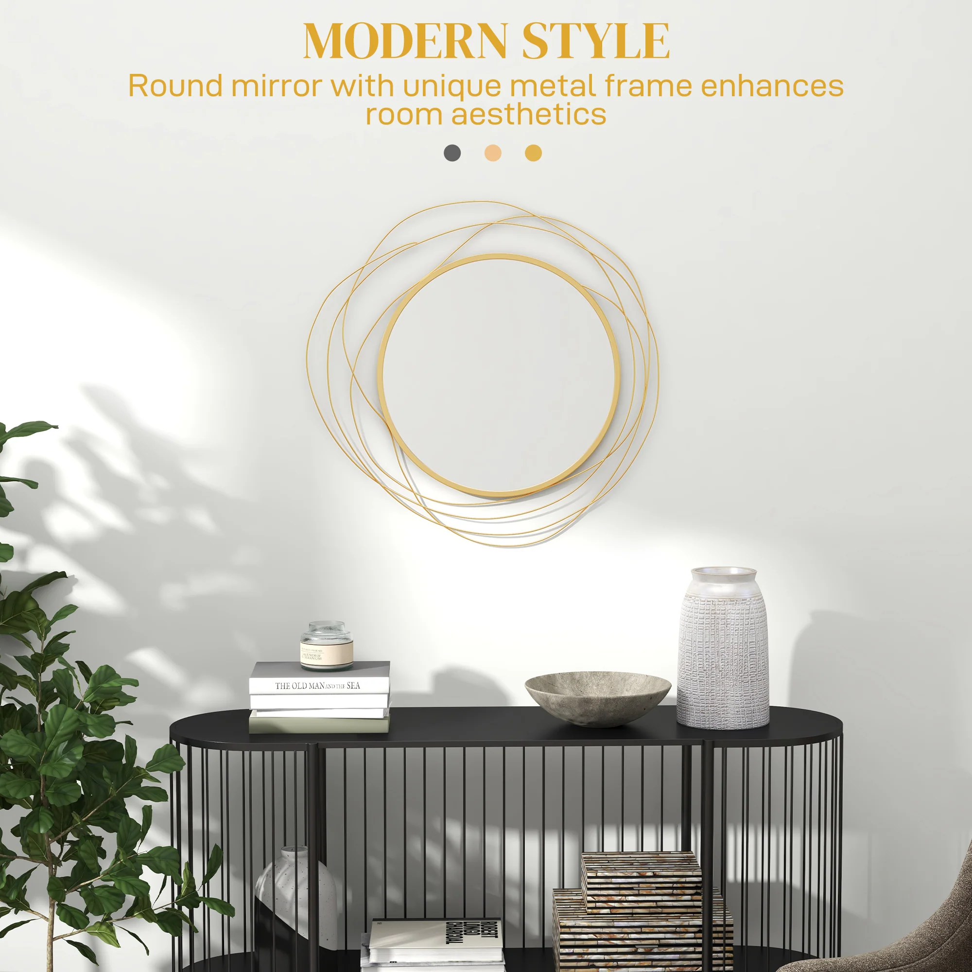 HOMCOM Metal Wall Art 65cm Round Mirror For Living Room Dining Room Gold Tone - Image 3
