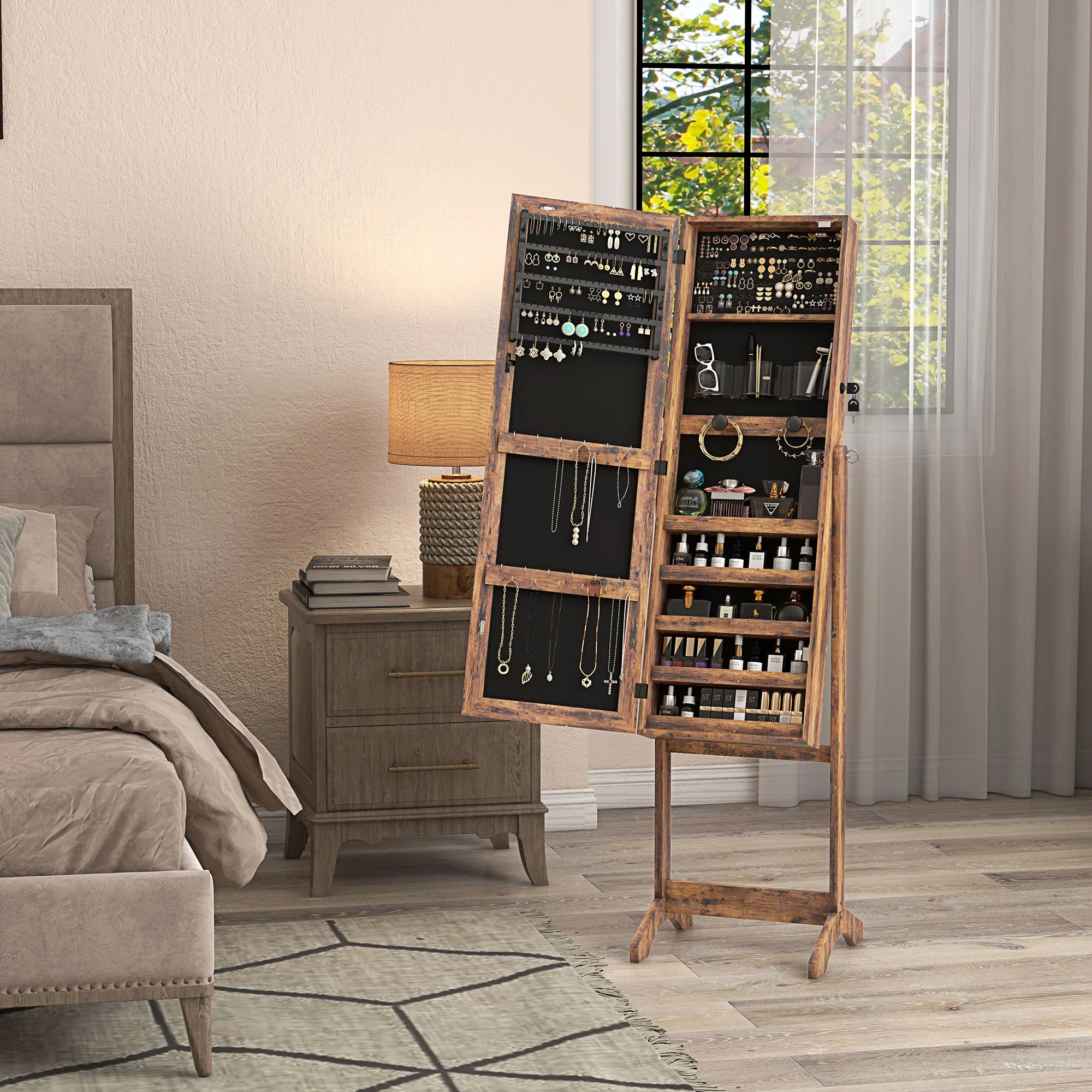 HOMCOM Mirrored Jewellery Cabinet W/ LED Light Lockable Jewellery Rustic Brown - Image 9