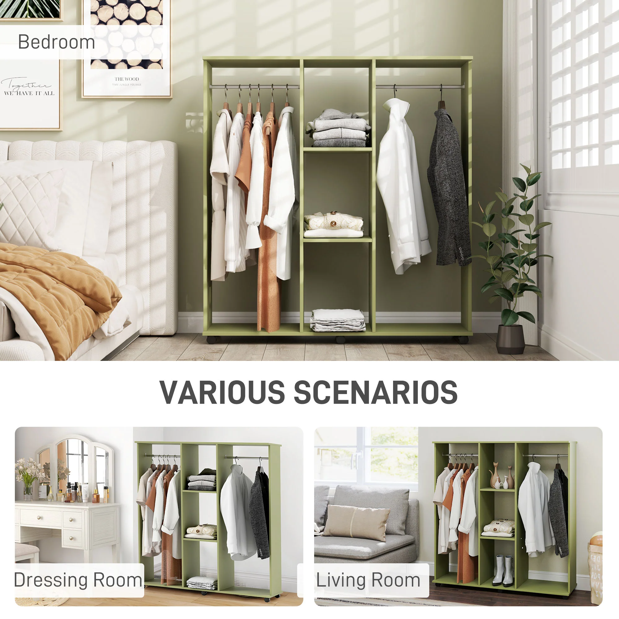 HOMCOM Mobile Double Open Wardrobe w/ Clothes Hanging Rail Colthing - Image 4
