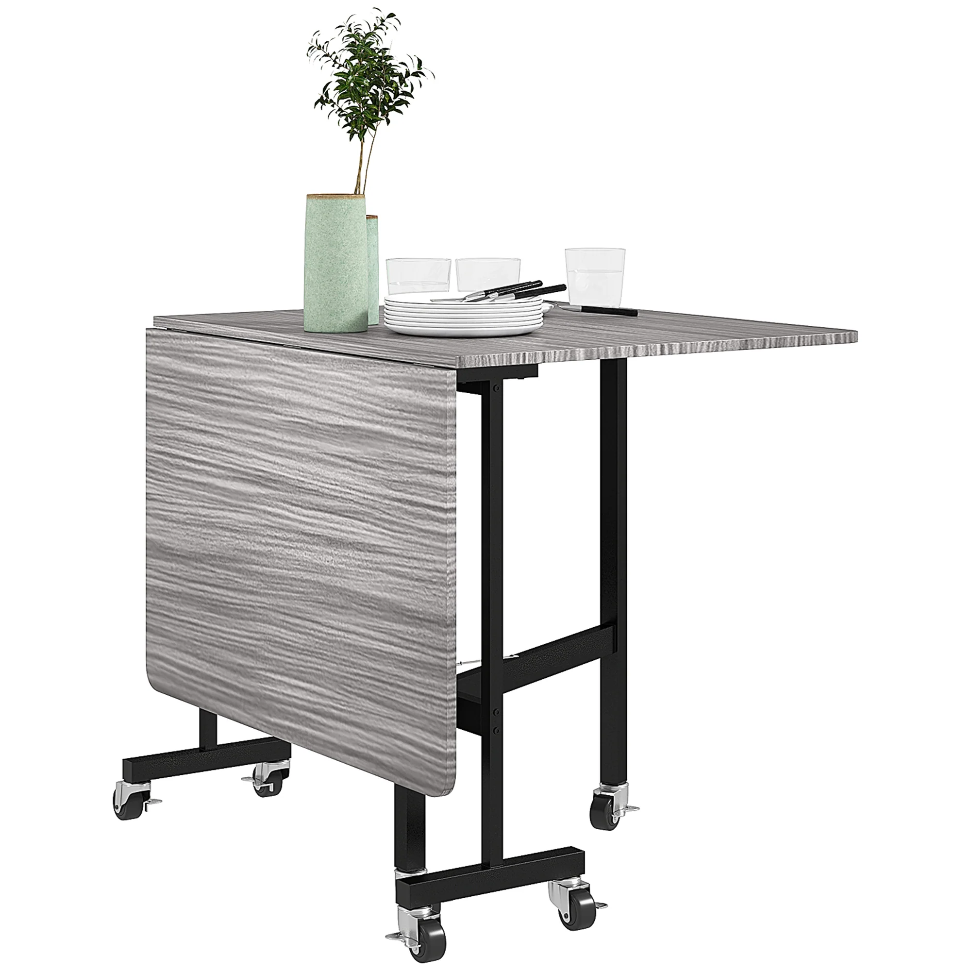 HOMCOM Mobile Drop Leaf Table, Folding Kitchen Table with 6 Wheels