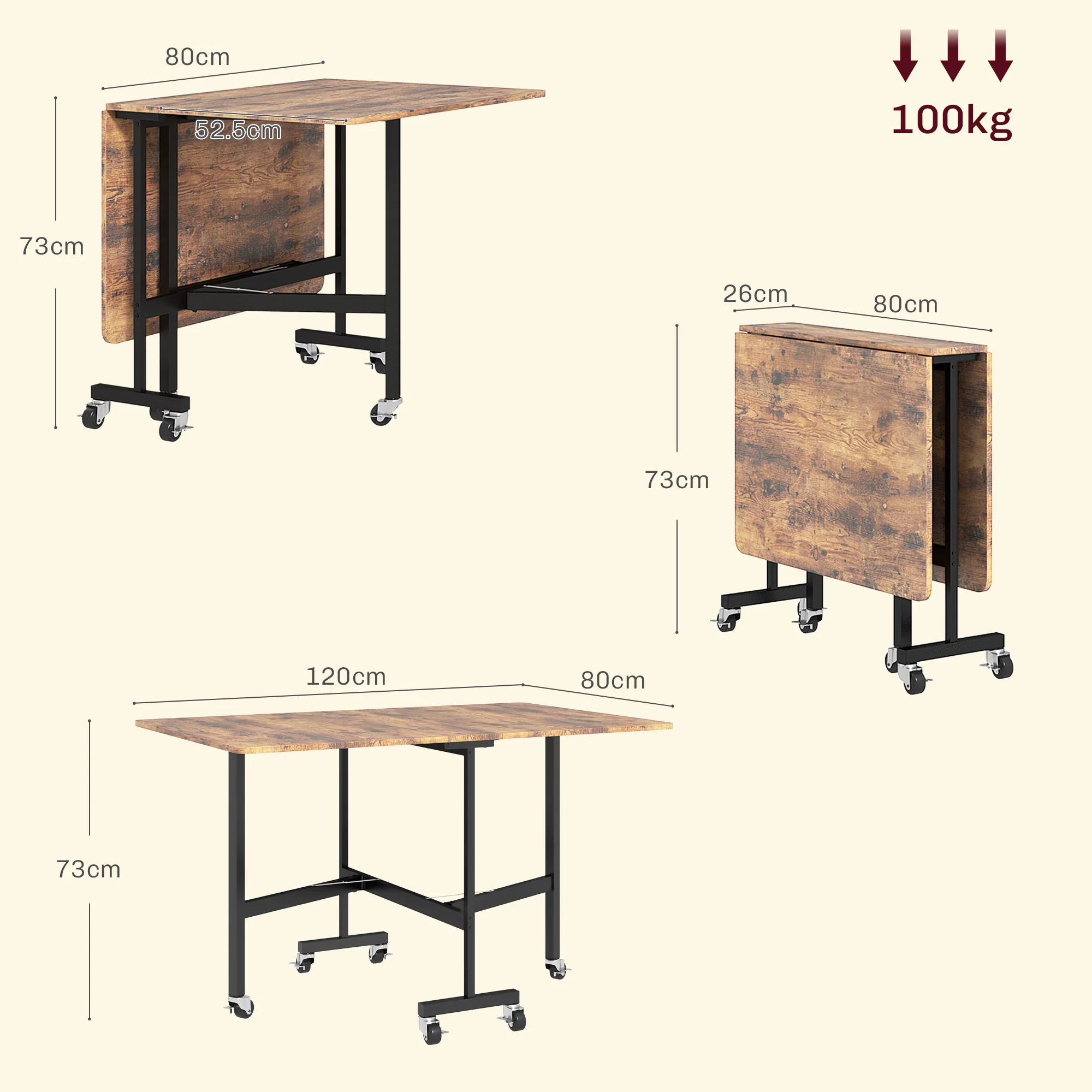 HOMCOM Mobile Drop Leaf Table, Folding Kitchen Table with 6 Wheels - Image 14