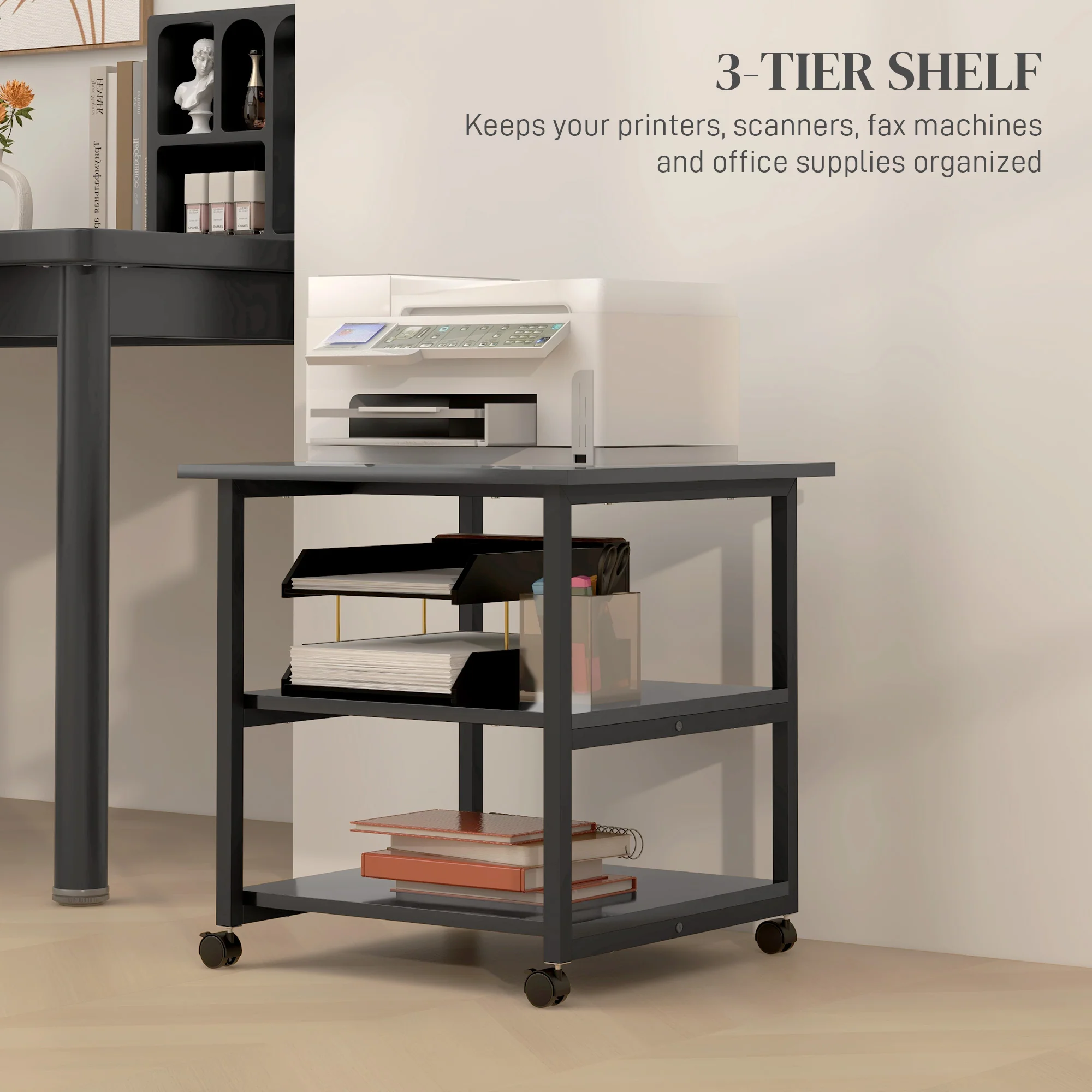 HOMCOM Mobile Printer Stand With Storage Printer Table For Home Office Black - Image 3