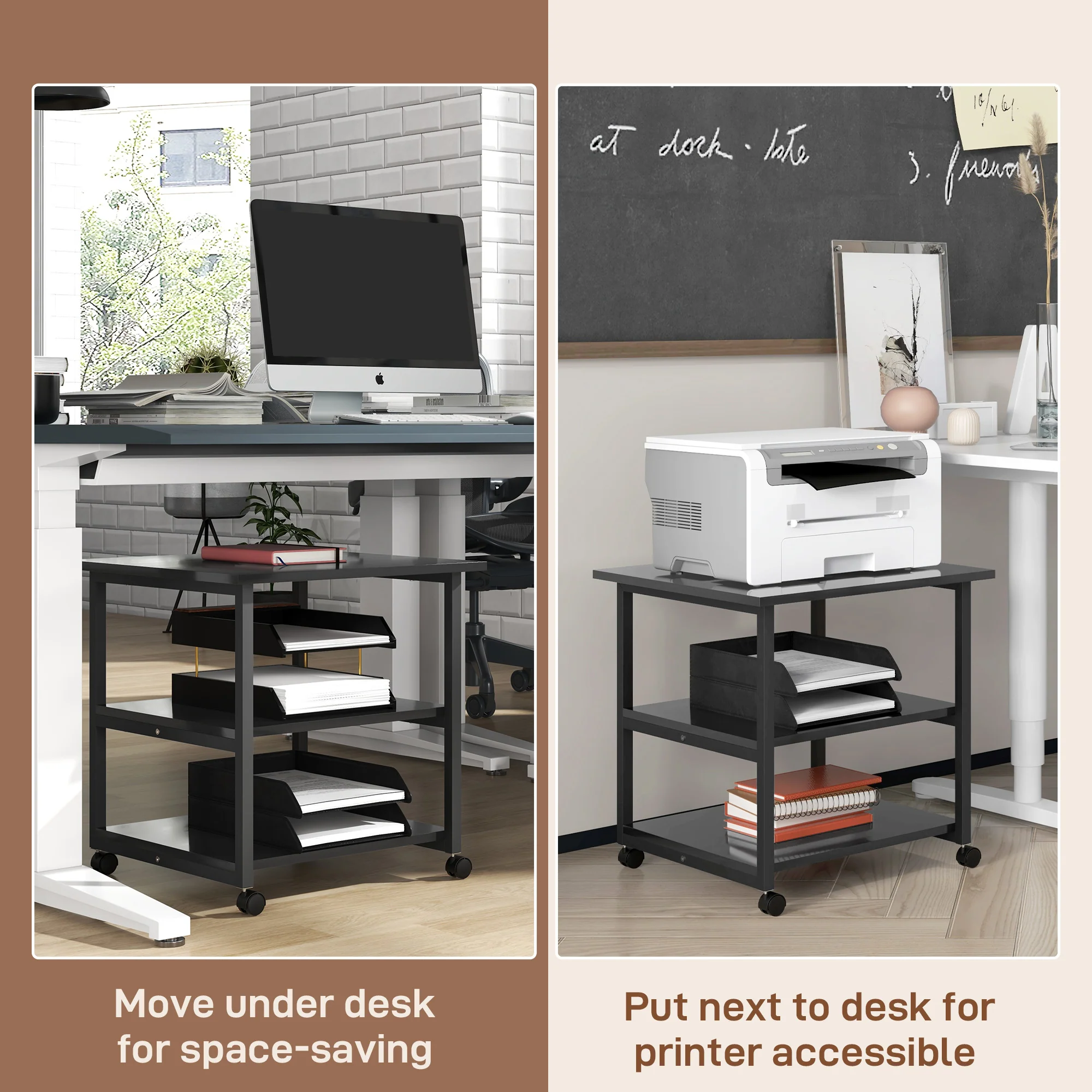 HOMCOM Mobile Printer Stand With Storage Printer Table For Home Office Black - Image 6