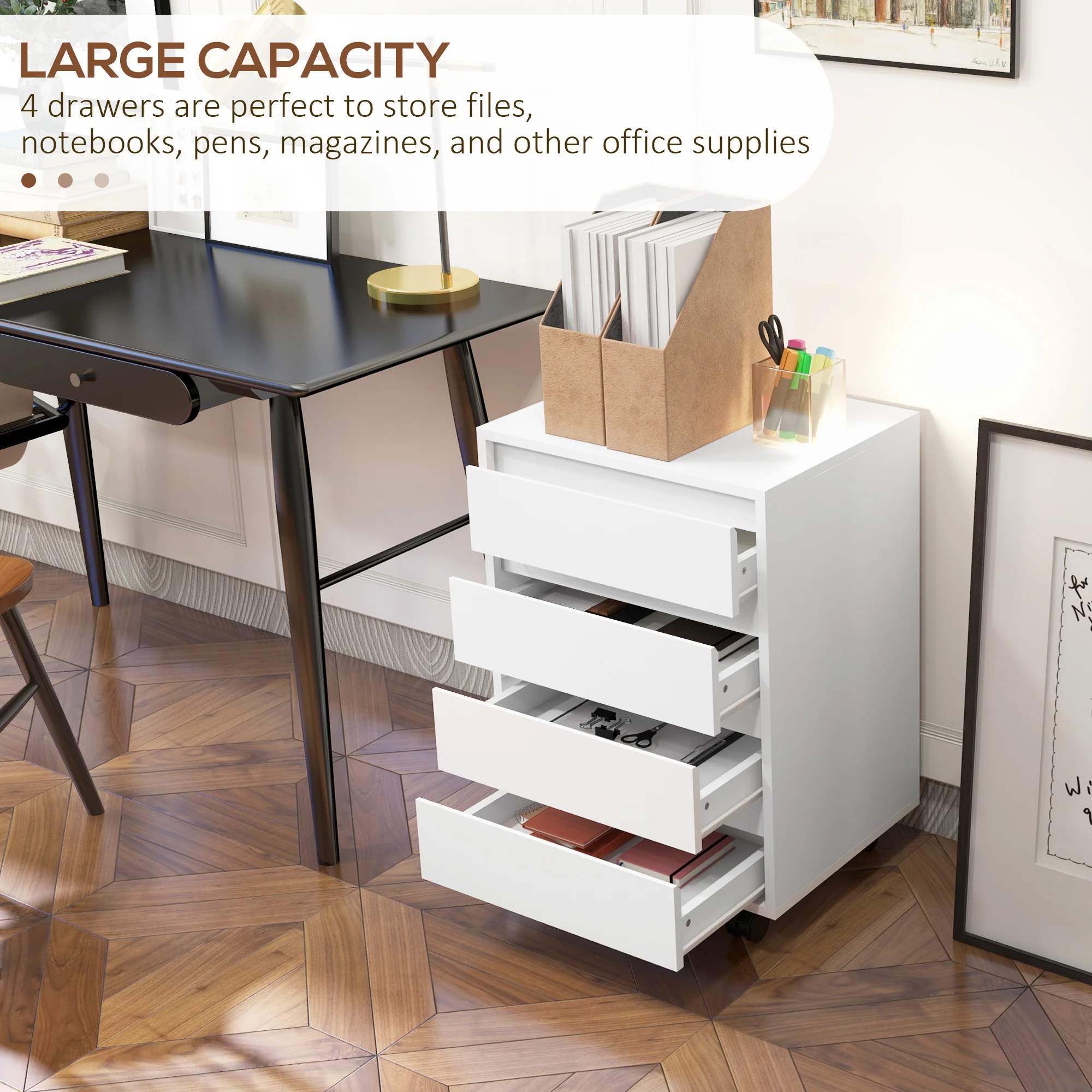 HOMCOM Mobile Vertical Filing Cabinet with 4 Drawers for Home Office, White - Image 3