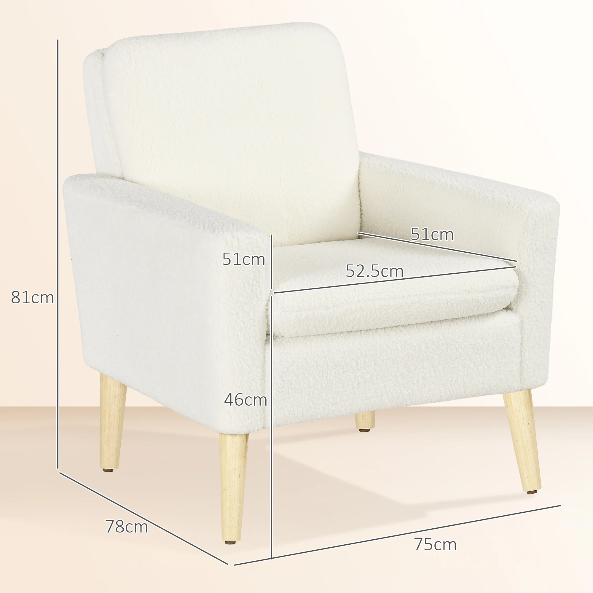 HOMCOM Modern Accent Chair With Wood Legs, Wide Seat, Teddy Armchair, Cream - Image 5