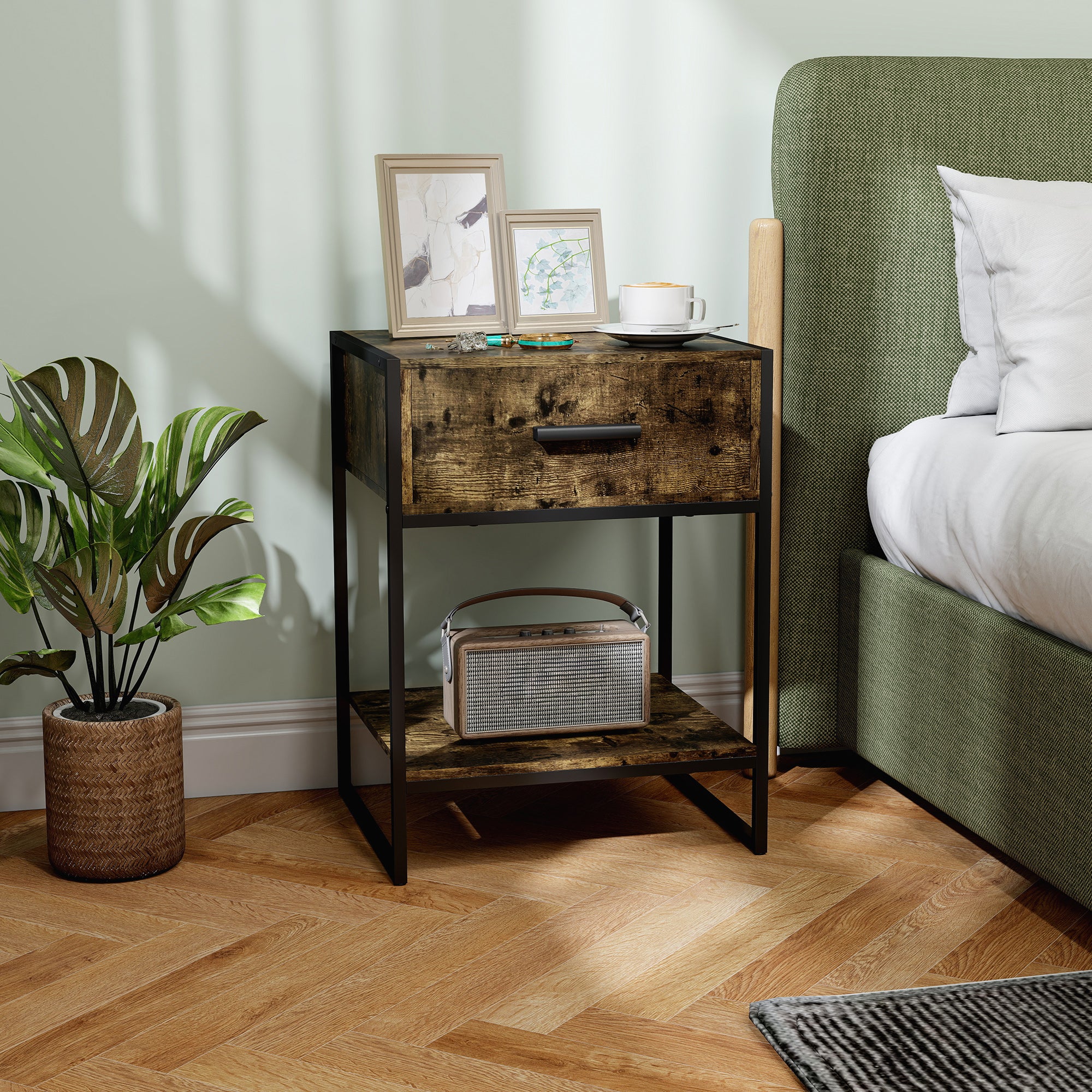 HOMCOM Modern Bedside Table, Nightstand With Drawer Shelf Rustic Brown - Image 2