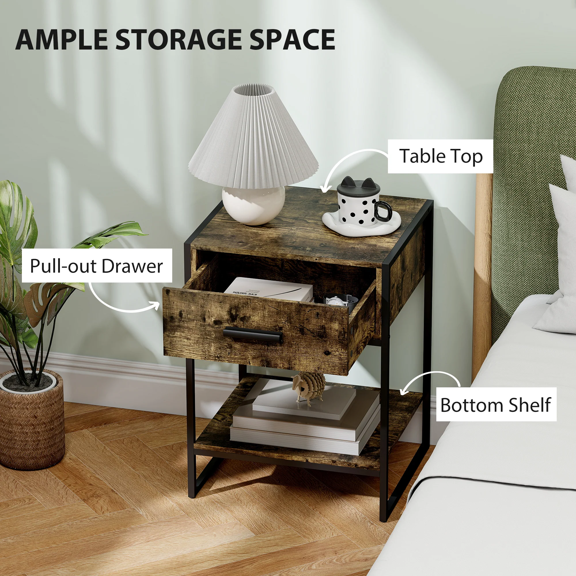 HOMCOM Modern Bedside Table, Nightstand With Drawer Shelf Rustic Brown - Image 4