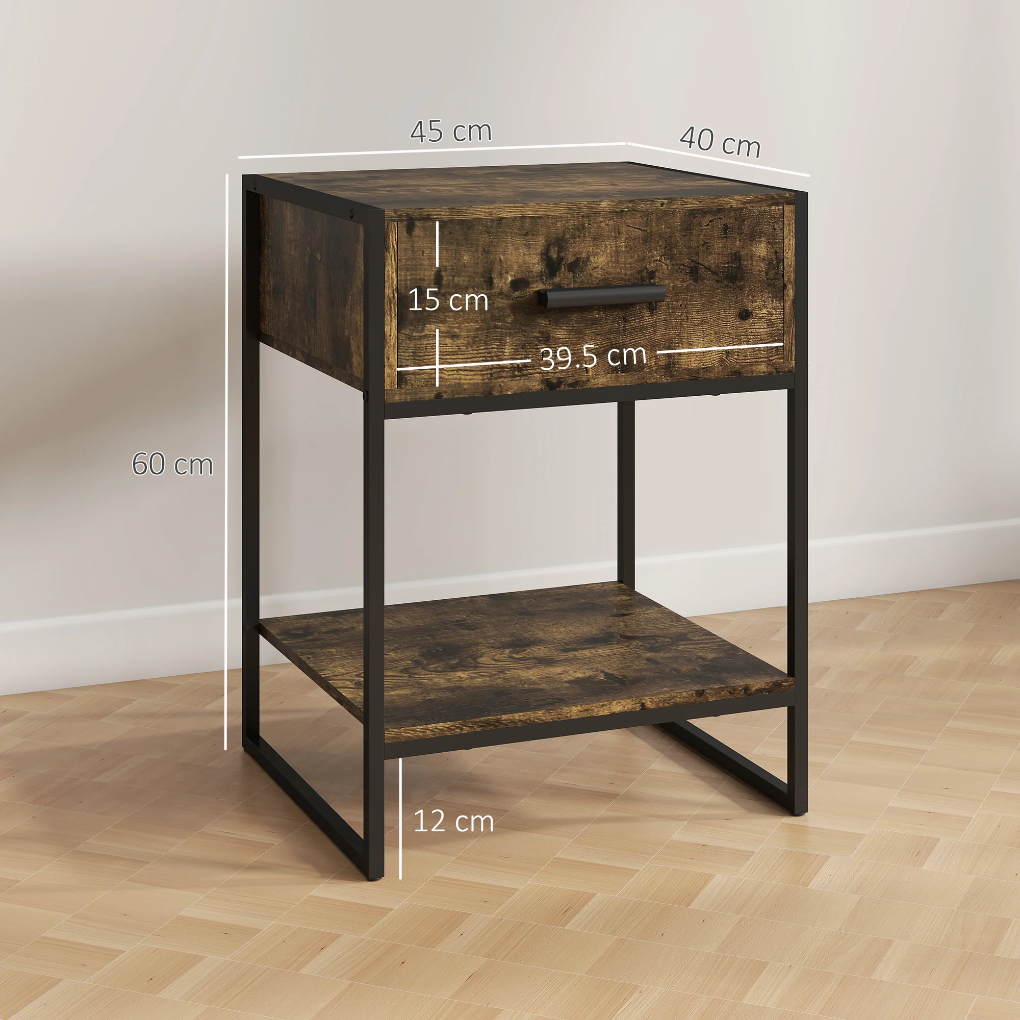 HOMCOM Modern Bedside Table, Nightstand With Drawer Shelf Rustic Brown - Image 5